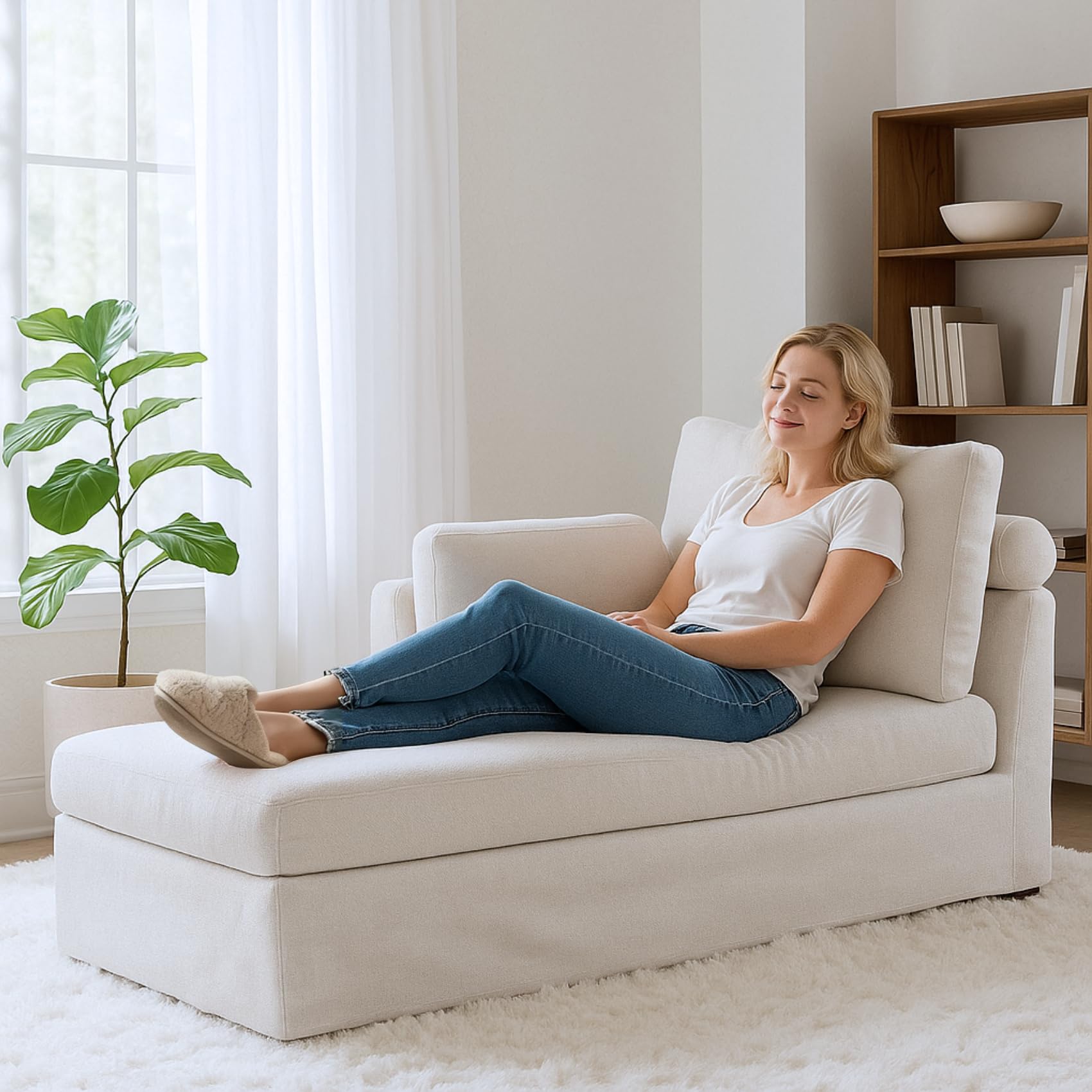 Modern 32''W Chaise Lounge with Left Armrest (Hold Right Arm), Indoor Recliner, Comfy Deep Seat Sleeper Chair Single Sofa Bed for Apartment, Living Room, Ivory L.