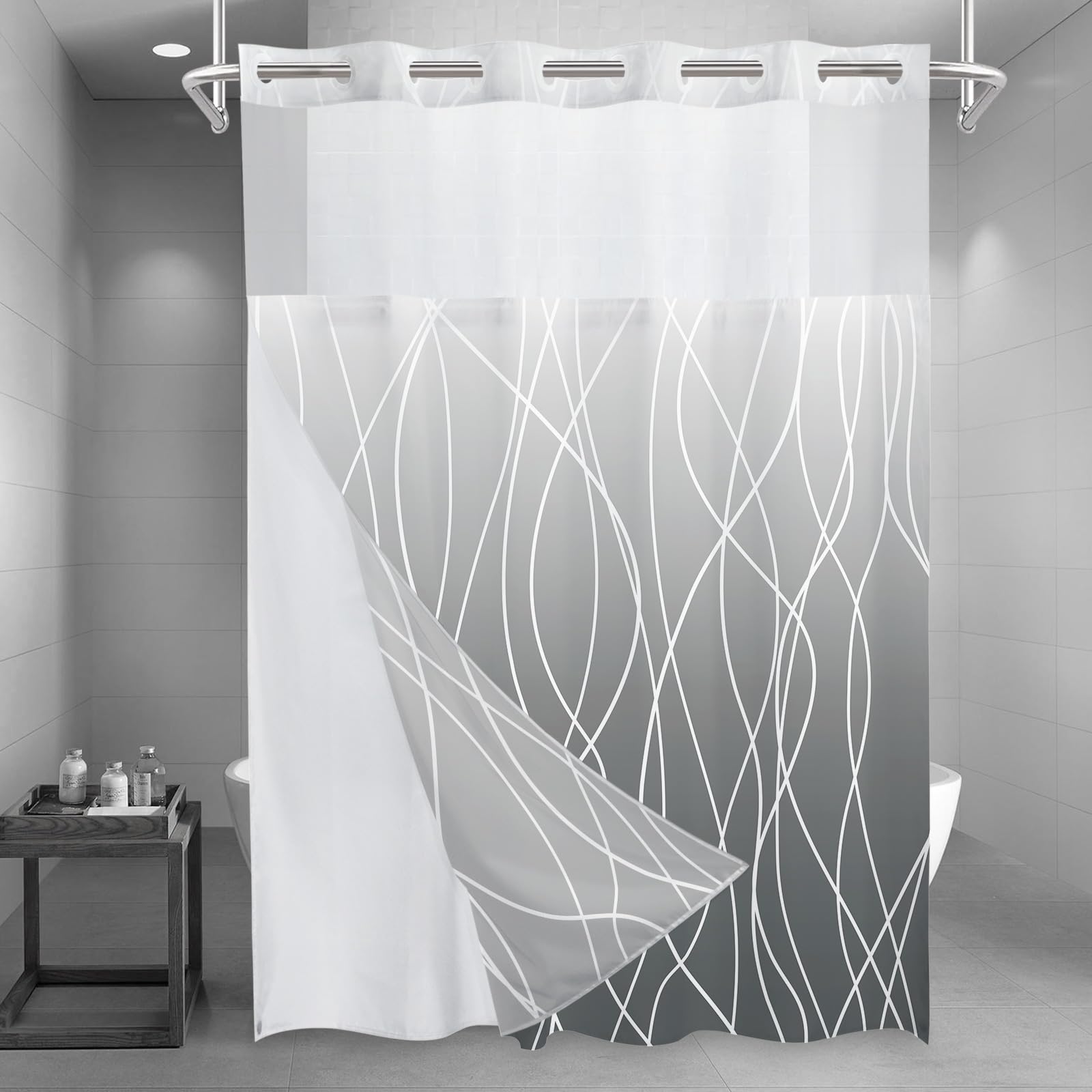 No Hook Ombre Grey Striped Long Shower Curtain with Snap in Fabric Liner Set - Hotel Shower Curtain and Liner Set with See Through Mesh Top Window,Machine Washable, 71x86 INCH