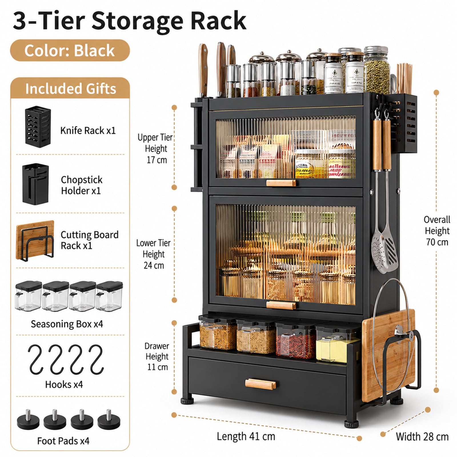 Küchen-Vorratsschrank für Arbeitsplatte, Gewürz- und Geschirr-Organizer Black-3-Tier