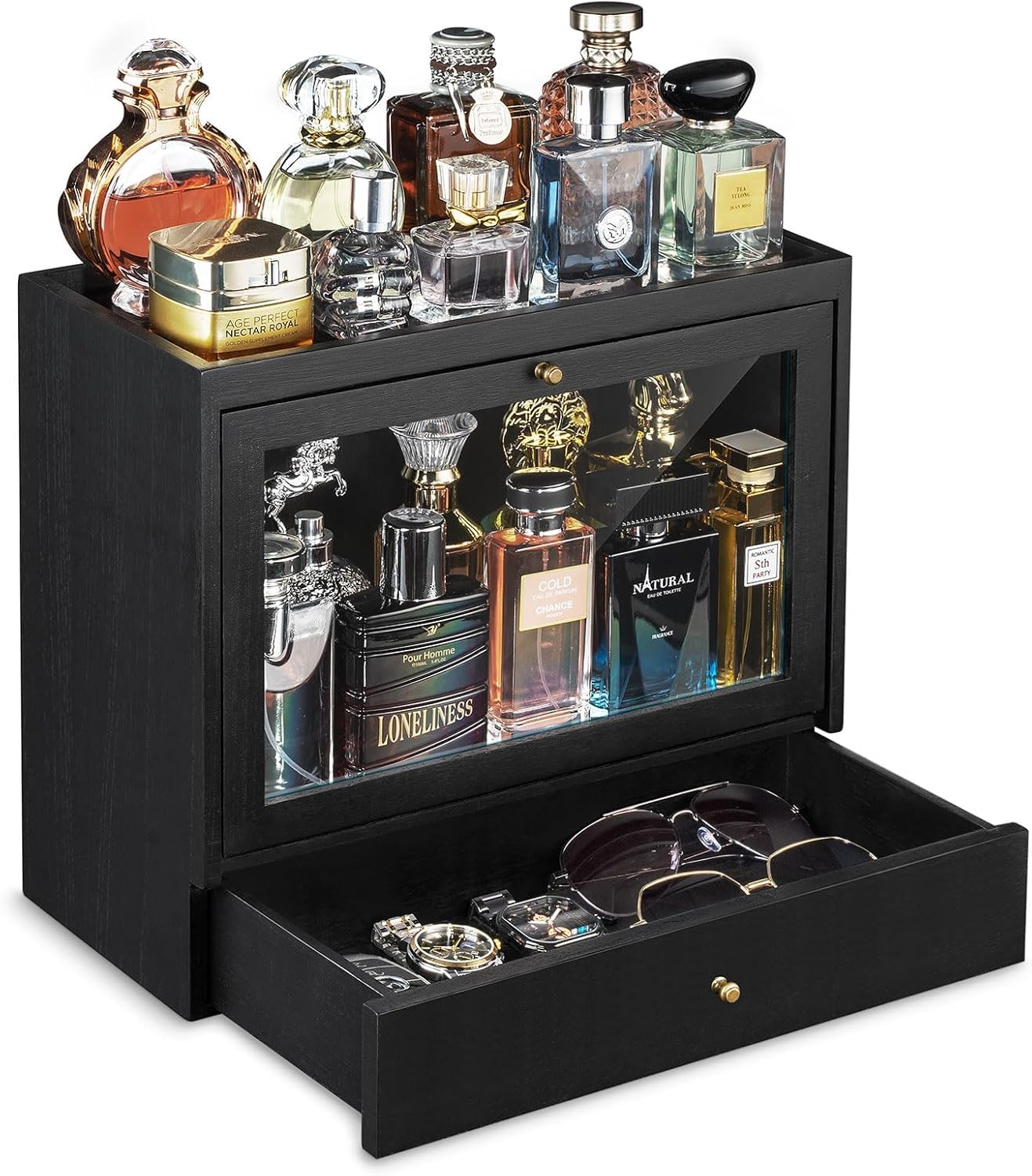 ZONTTR Espositore in Legno per Uomo - 3 Ripiani con Cassetto, Organizer per Profumi