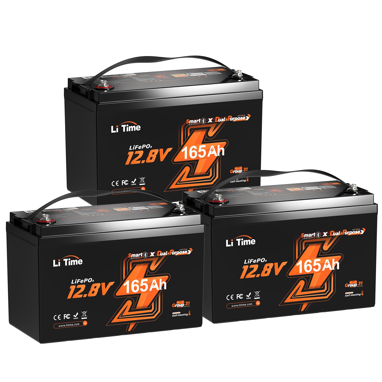 LiTime Batteria Litio 12V 165Ah LiFePO4 con Avviamento per Barche (3 pezzi) | Autoriscaldamento, Bluetooth, 1200 CCA, Max 15000 Cicli, Energia 2112Wh, IP65, Max 4P4S, per Motore Elettrico Barca, Camper