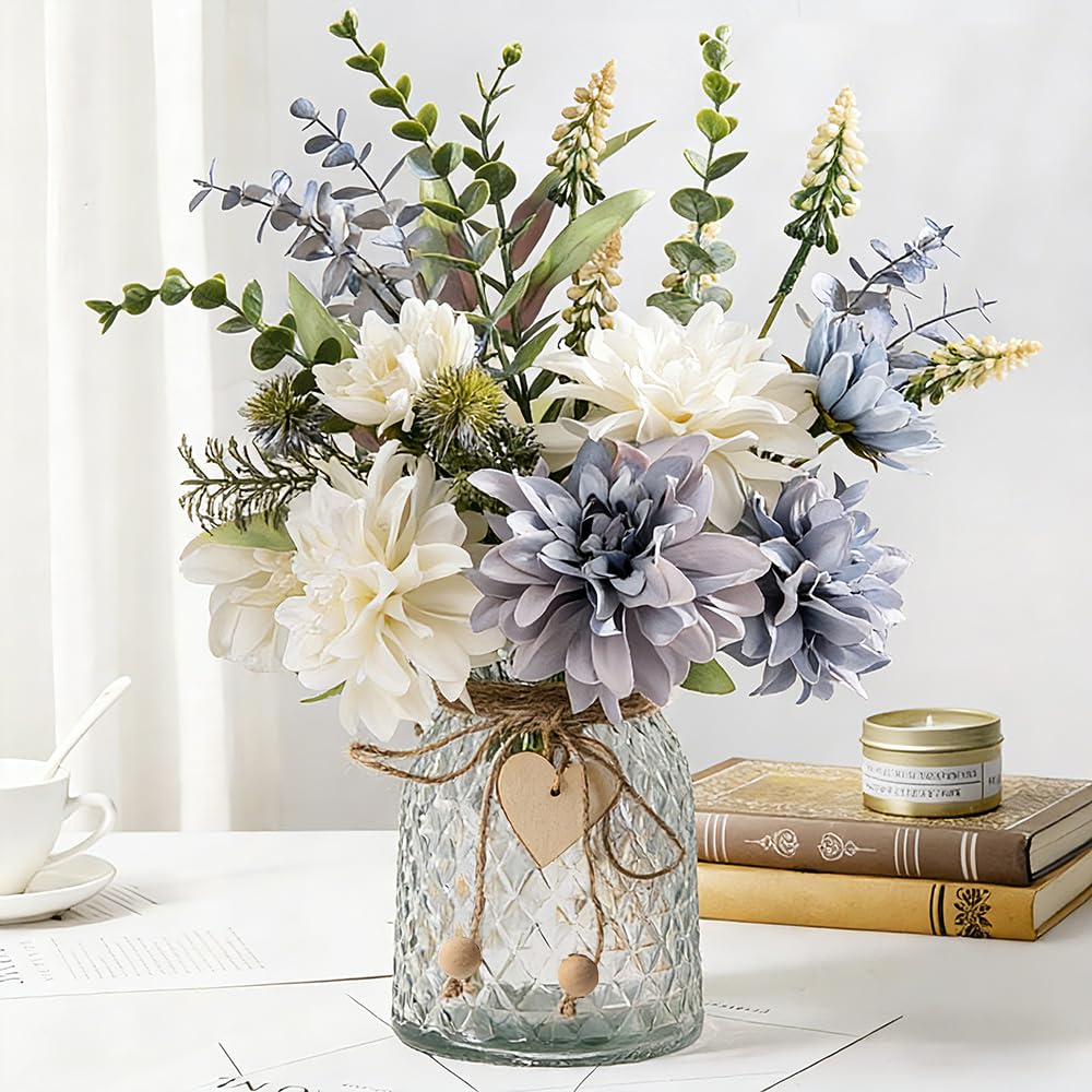 Silk Flowers in Vase, Artificial Flowers Arrangement with Glass Vase Faux Dahlia for Decoration Table Centerpiece (Dahlia)