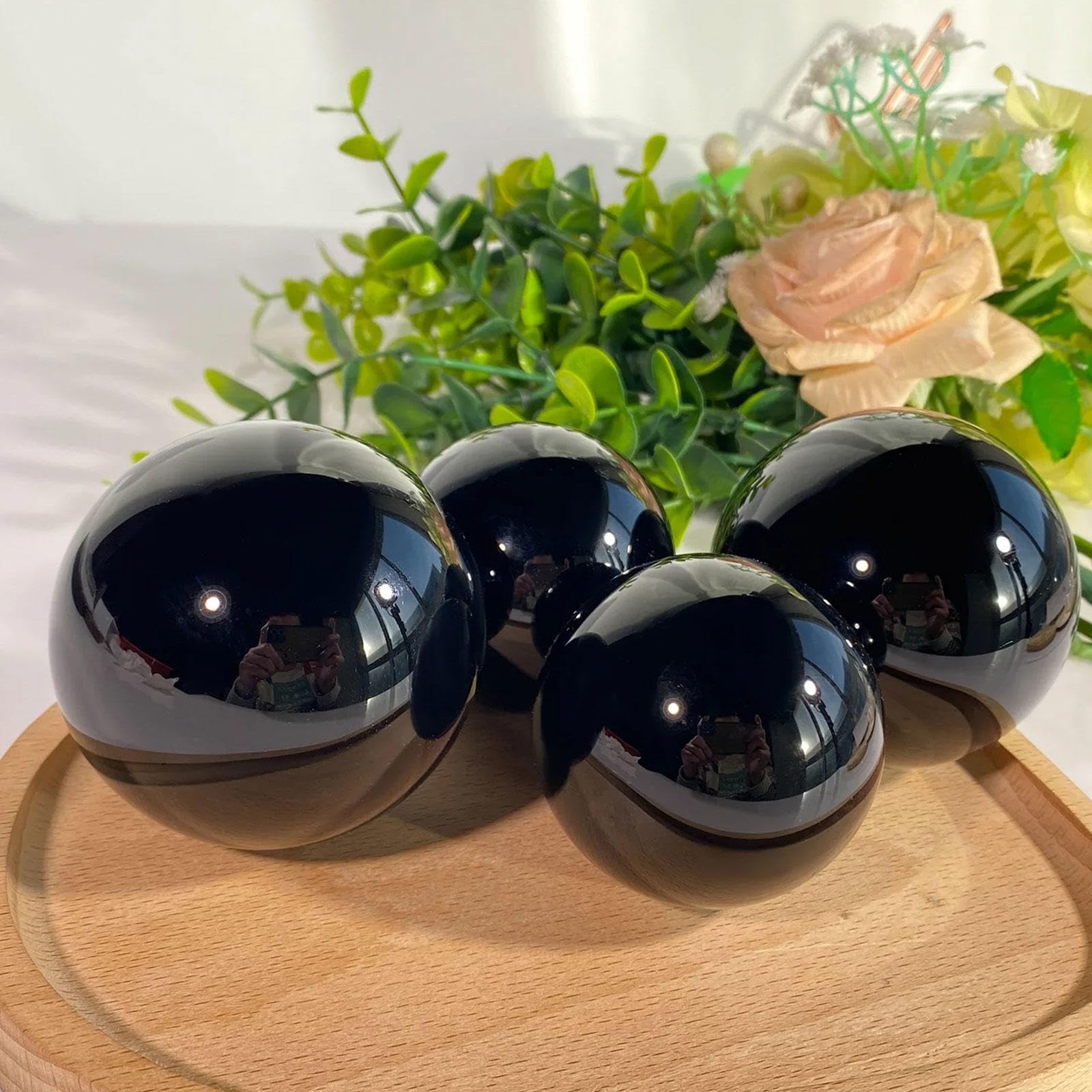 Zwarte Obsidiaan Kristallen Bol Mineralen Stenen Bol met Decoratieve Houten Standaard Fengshui-bal, Meditatie, Kristalgenezing, Waarzeggerij, Huisdecoratie,2.0(5cm