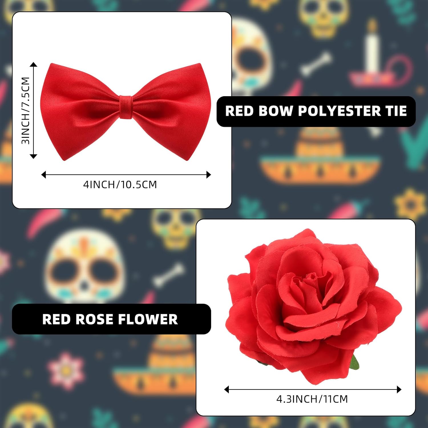 JenPen 3 Pcs Halloween Day of the Dead Mariachi Senor Adult Costume Accessory Silver Trim Black Sombrero, Bow Tie, Rose Decor