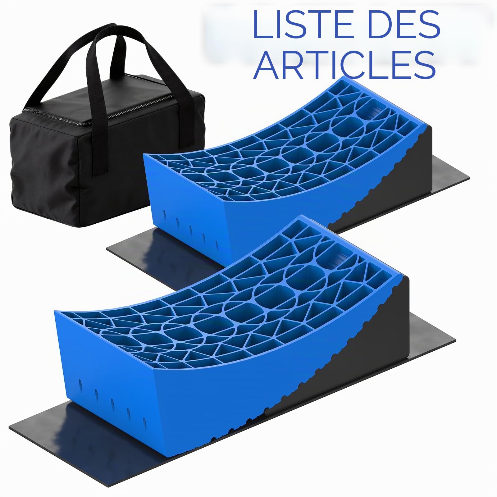 Sooontrans Cale Camping Car 32×15.2×11 CM, Cales pour Camping-car en HDPE Charge Maximale de 15 T, Cale Van Aménagé avec Tapis Anti-dérapant & Sac de Rangement, pour Caravane, Double Essieu, Bleu
