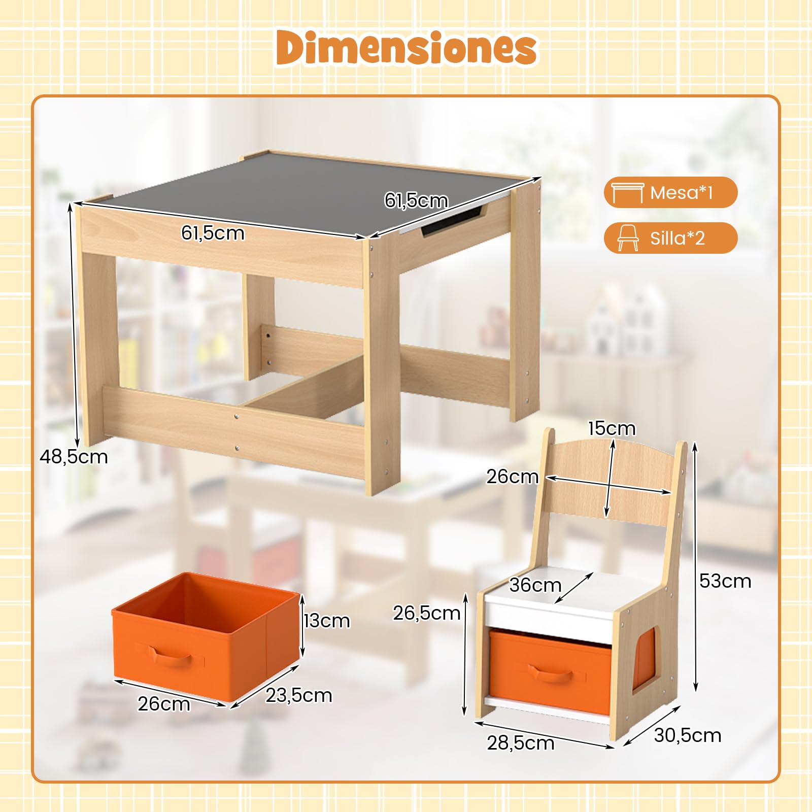 COSTWAY Juego de Mesa y Sillas Infantil, Mesa de Actividades 3 en 1 para Niños con Superficie Reversible y Cajas de Almacenaje, Set de Muebles Infantil de 3 Piezas (Naranja)