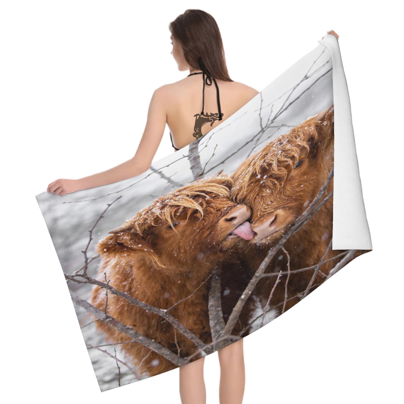 Leichong 3D Highland Cattle Beach Towel Microfiber Soft Quick Dry for Adults, Romantic Bath Towel Lightweight Soft Absorbent for Travel Swimming Pool Sports, 75 x 150 cm
