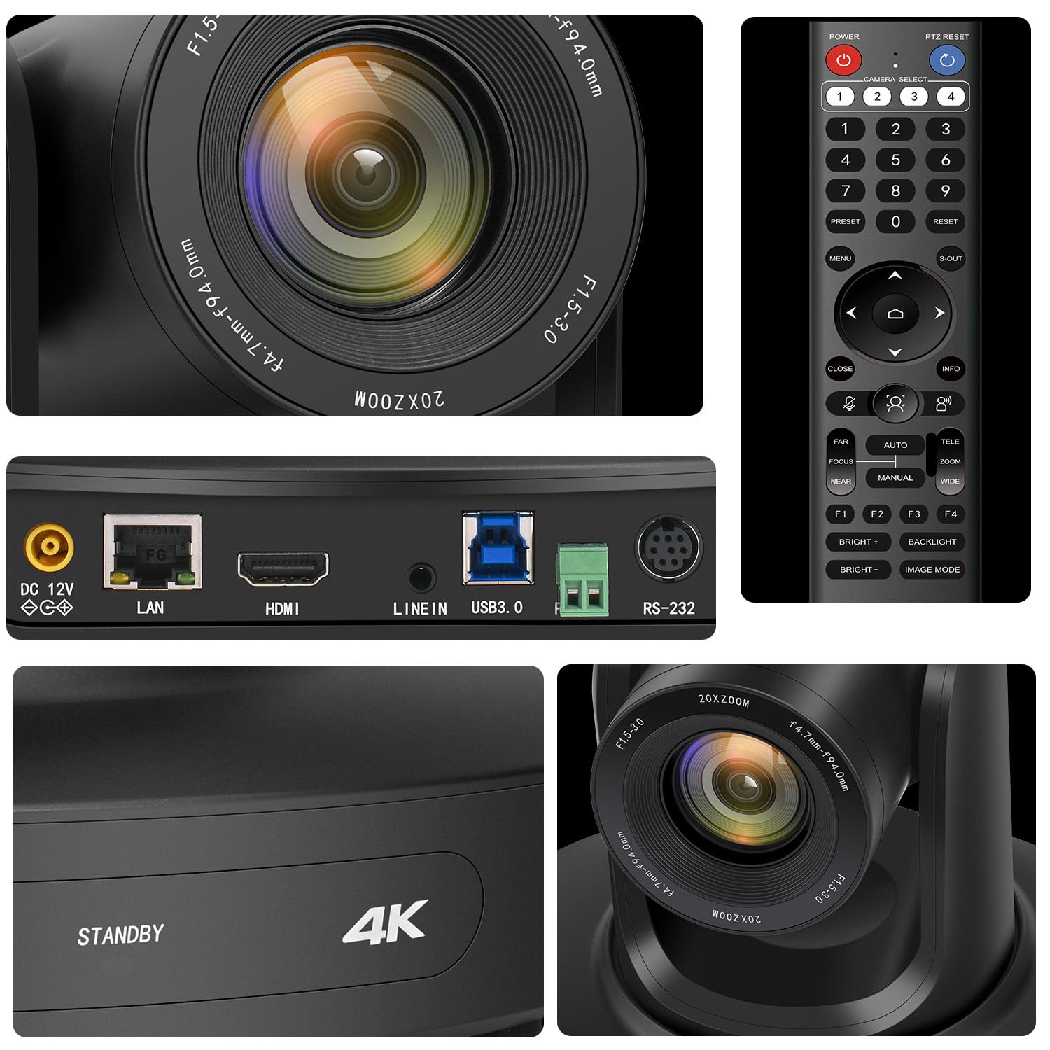 SZXLCOM Câmera PTZ 4K com zoom óptico de 20x, câmera de sala de