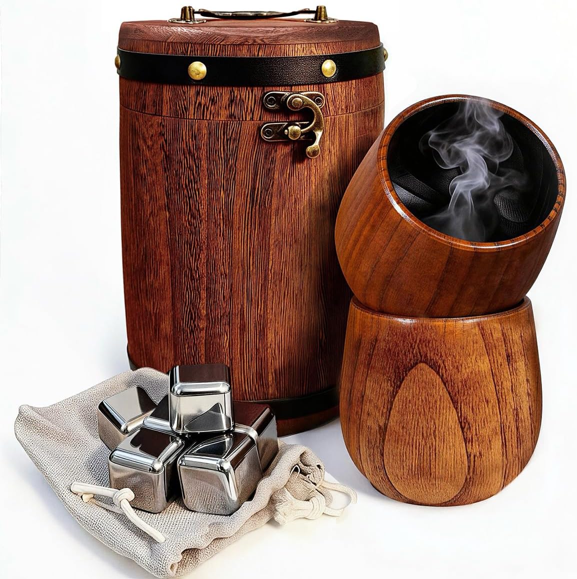 Handmade Charred Wooden Bourbon Glass Set of 2 in Vintage Barrel Case - 2 Charred Wooden Whiskey Glasses with 6 Stainless Steel Chill Stones, Bourbon Gift Set for Men, Dad, Husband, Classic