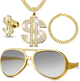4 Stück Hip Hop Kostüm Set, Goldene Sonnenbrille, Dollar Kette, Armbänder