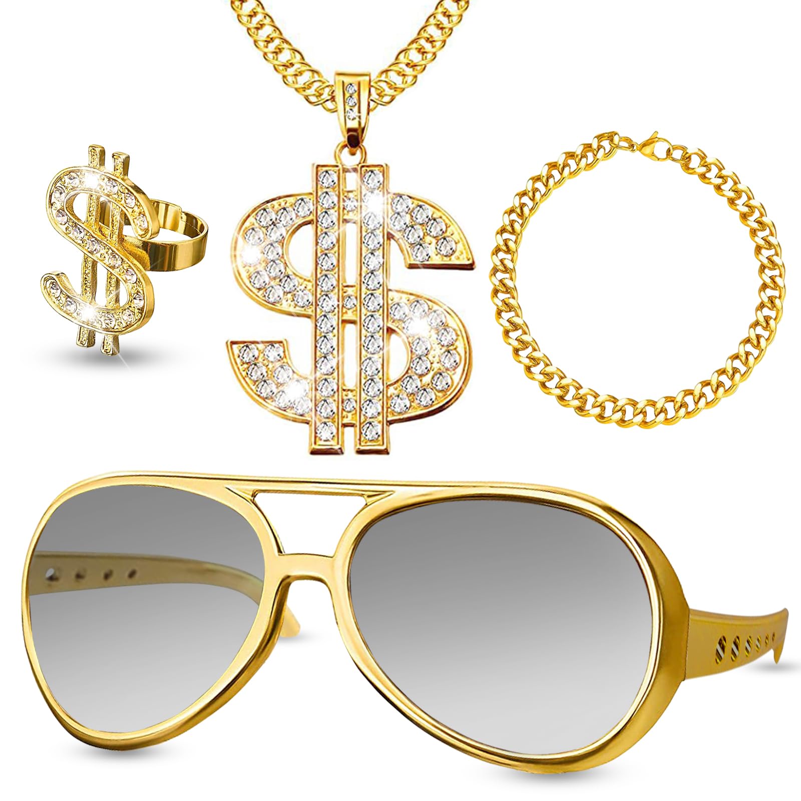 80 s 90 s Hip Hop Costumes Tenue, fausse chaîne en or, Twist Leg Punk lunettes de soleil, Dollar signe doigt bague pour hommes femmes rappeur Props yu | FR