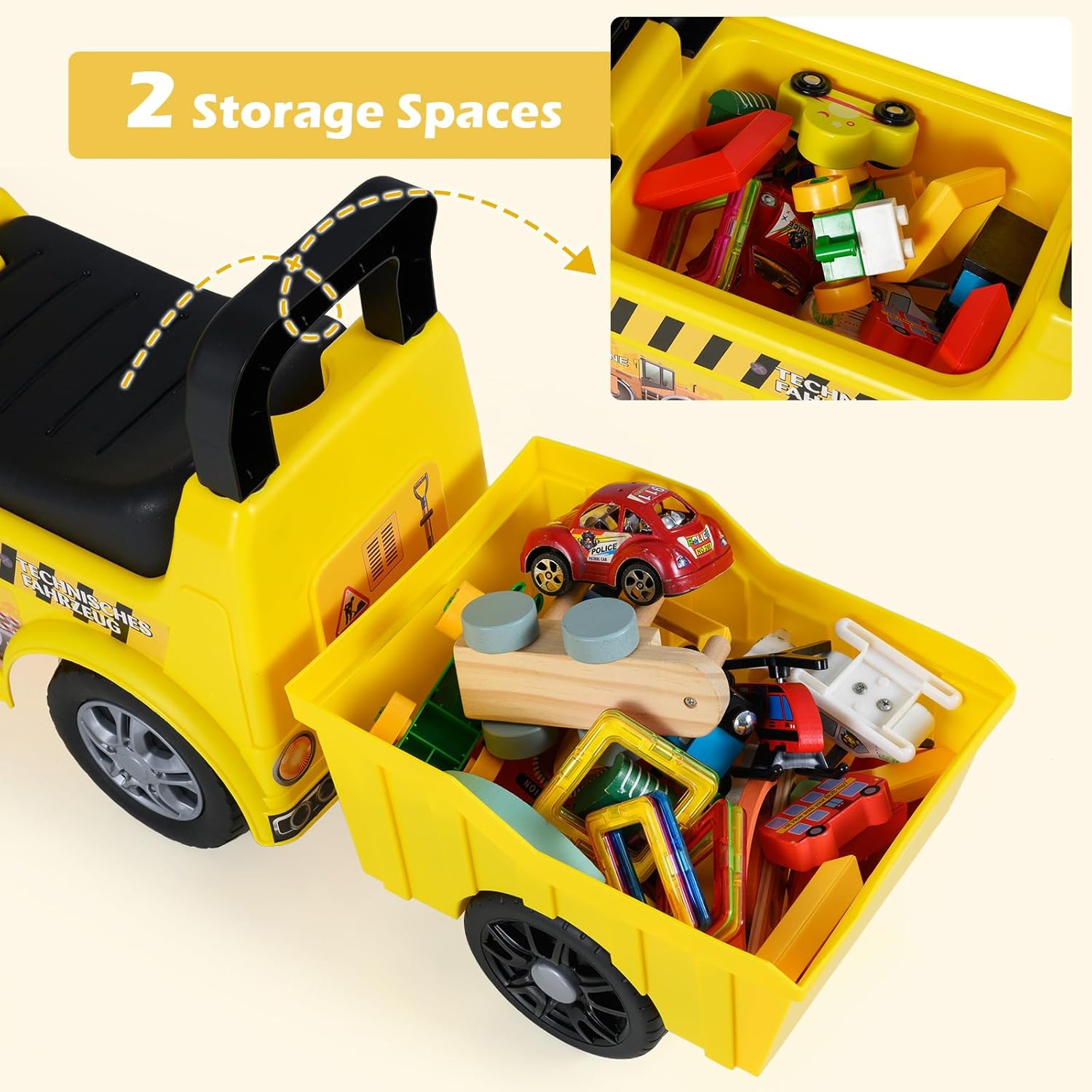 OLAKIDS 3-in-1 Ride on Bulldozer with Adjustable Bucket, Detachable Trailer, Under Seat Storage, Engine Sound, Music and Horn, Pretend Play Excavator Construction Car for Toddlers