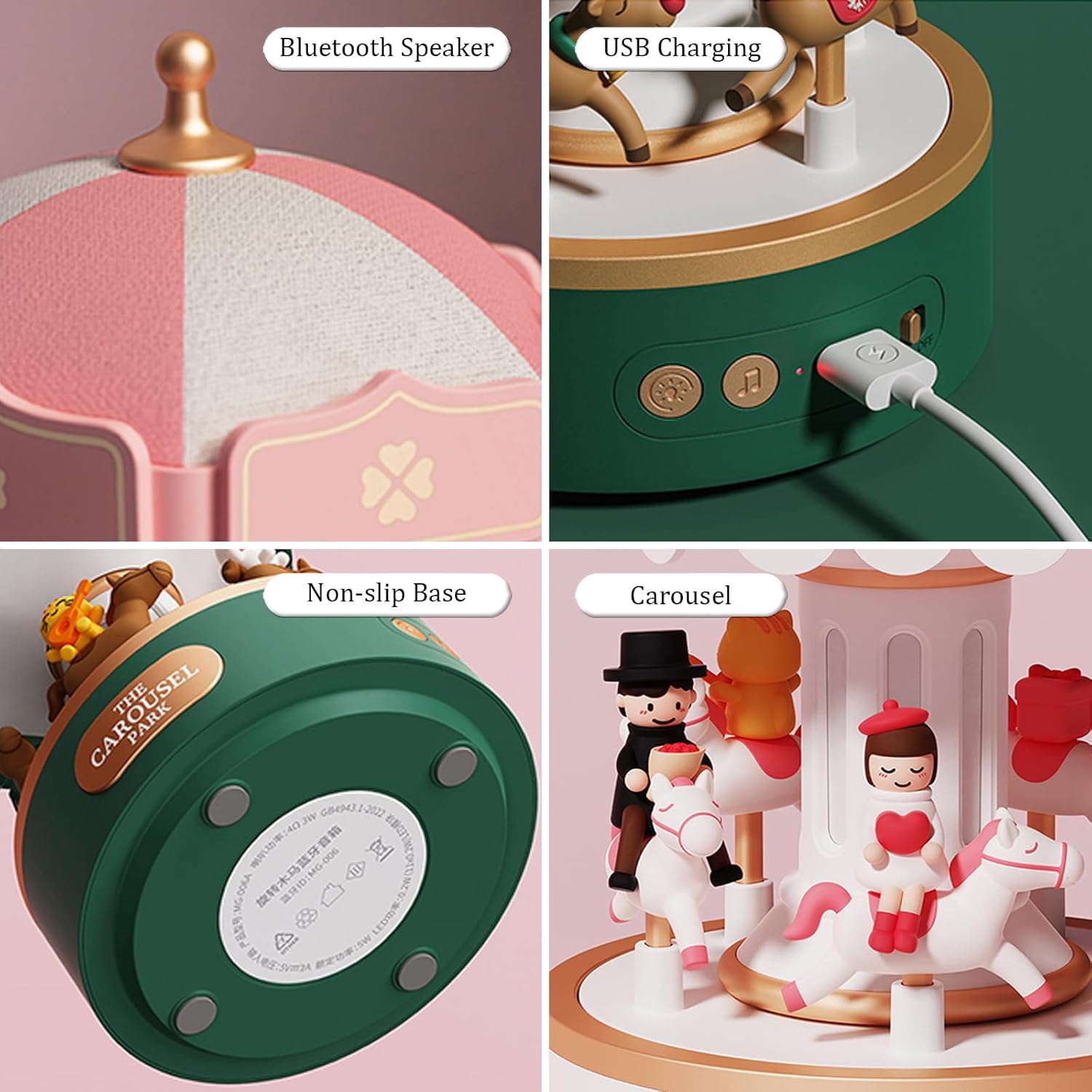 Cute Carousel Night Light with Bluetooth Speaker, Dimmable Warm Light, Exquisite Decorative Rechargeable Desk Lamp, Gift for Girls and Kids (Pink-BT Speaker)