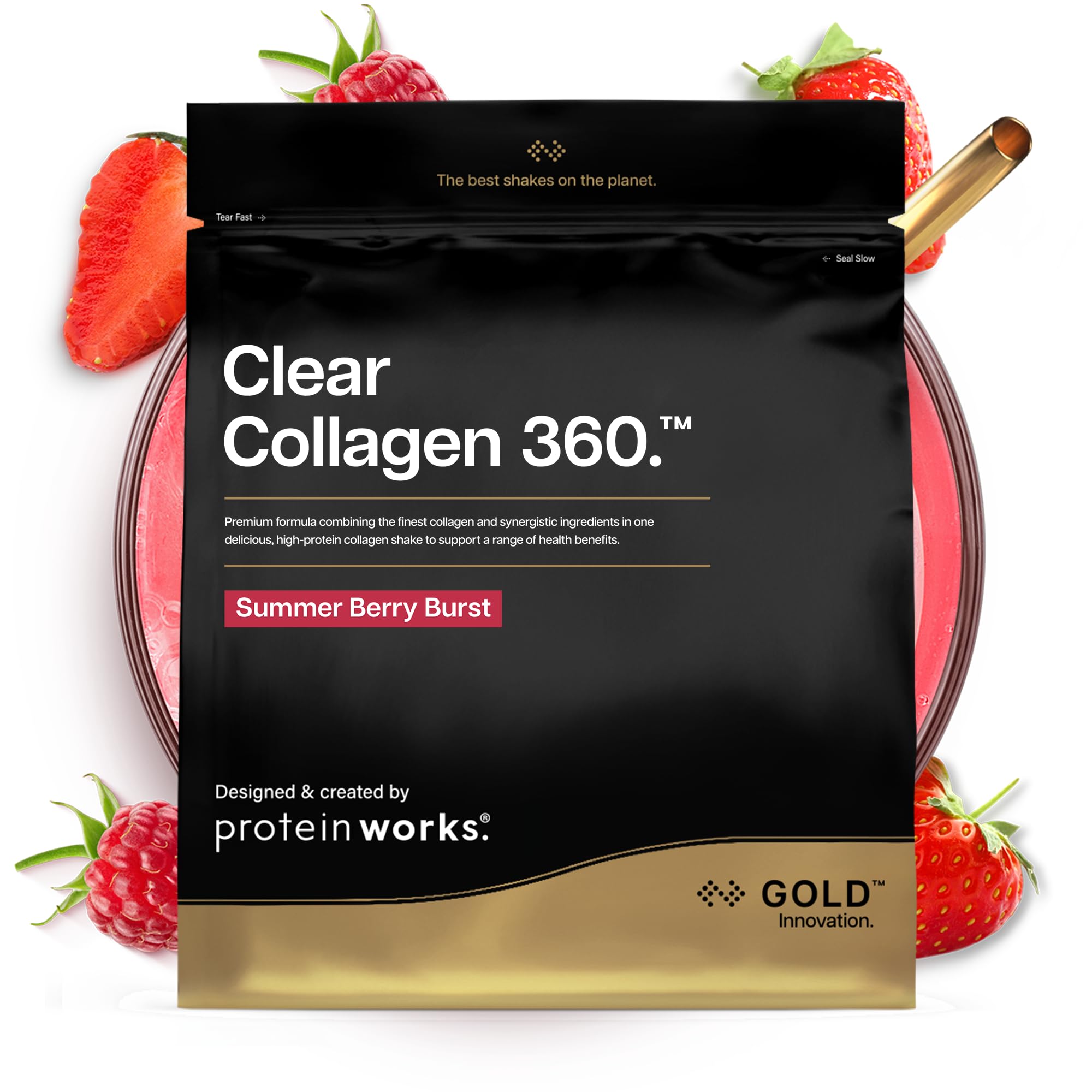 Protein Works | Clear Collagen 360 - Gold, Explosion de Fruits Rouges, 480g | Poudre de Collagène, Peptides Type 1 & 3, Vitamine C, Zinc, Sélénium, Soutien Articulations & Os, 32 Portions
