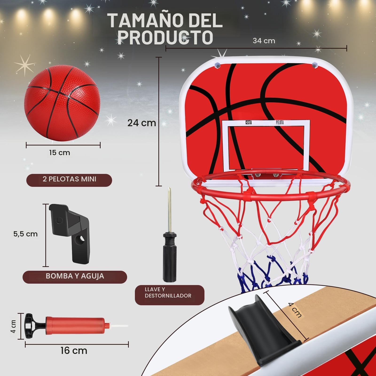 Canasta Baloncesto Infantil, Mini Aro de Baloncesto con 2 Pelotas de Daloncesto y Bomba, Tablero de Basket para Colgar, Sala de Accesorios, Mini Juguetes Deportivos
