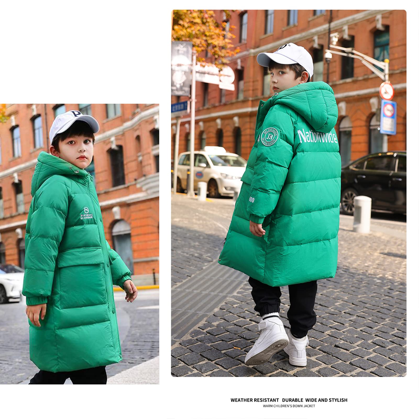 Abbigliamento per Bambini Piumino D'Anatra Bianco Ragazzi e Ragazze Vestiti Invernali Addensato Giacca Calda Anti-Freddo Antivento Grande Tasca,Green,9T(150CM)