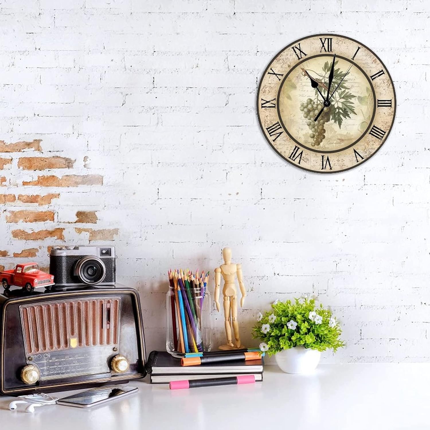 Winery Wooden Wall Clock French Country Style Kitchen Wall Clock Grape Wine 12 Inch Wall Clocks Battery Operated Silent Shabby Chic Wall Decor Home Decor for Living Room Bedroom Office