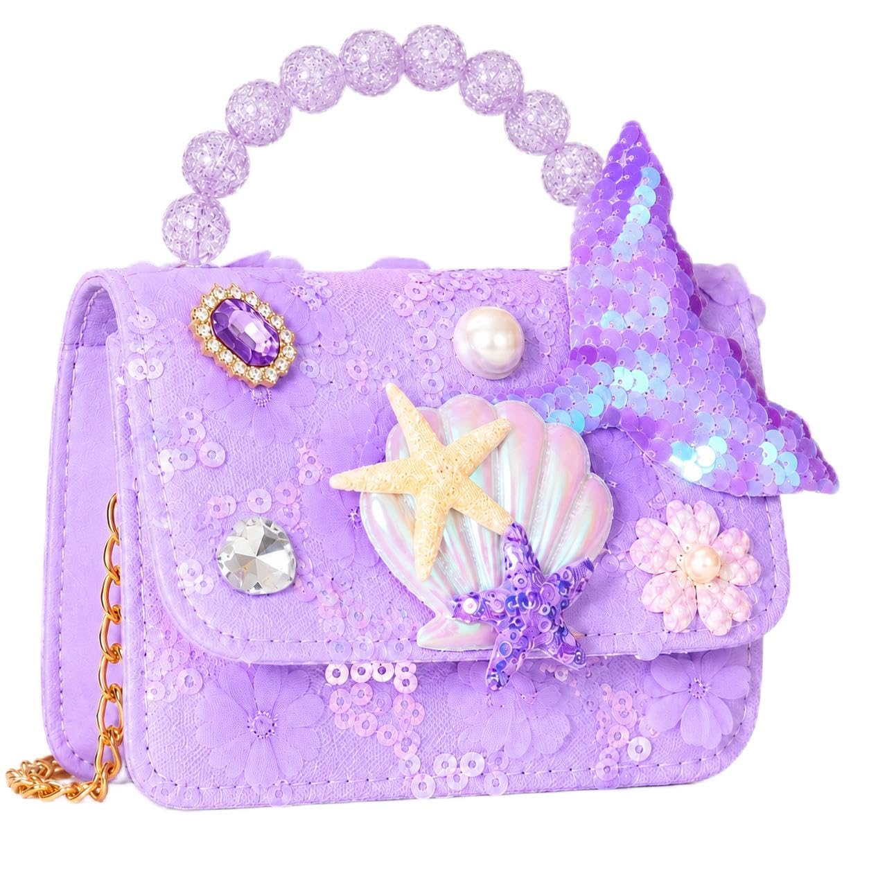 Purple Mermaid Purse for kid Girls, Sparkly Sequin Kids Handbag with Beaded Handle, Detachable Gold Chain Strap, Shell Starfish Pearl Decor, Party Gift Crossbody Bag, 14 x 11 x 5 cm-image-16