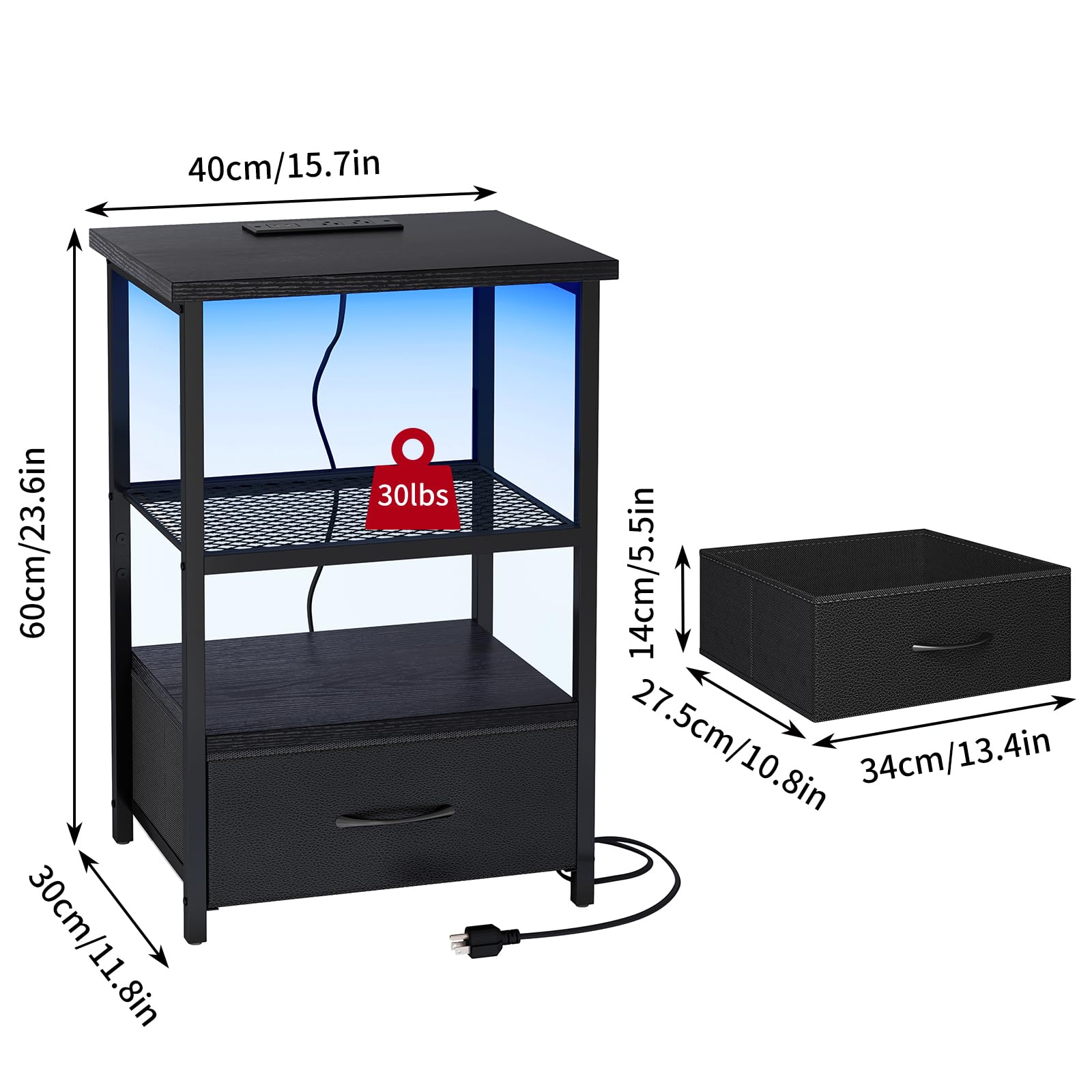 Mesita de noche con estación de carga, mesa auxiliar LED con cajones de tela con acabado de poliuretano, mesas auxiliares para dormitorio, mesita de noche, color negro 3