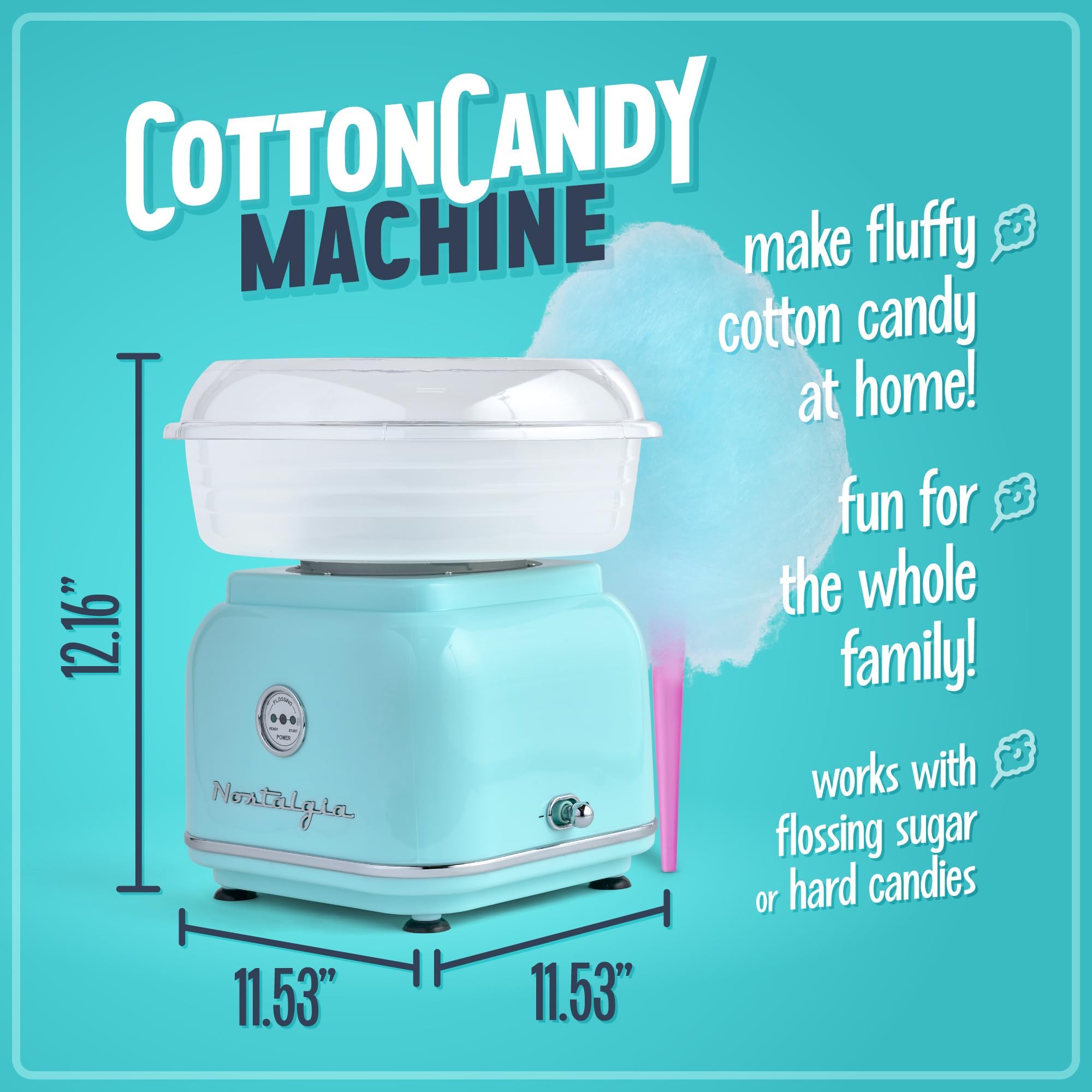 Nostalgia CLCM8AQ Classic Retro Hard and Sugar Free Countertop Cotton Candy Maker, Includes 2 Reusable Cones And Scoop ââ‚¬â€œ Aqua