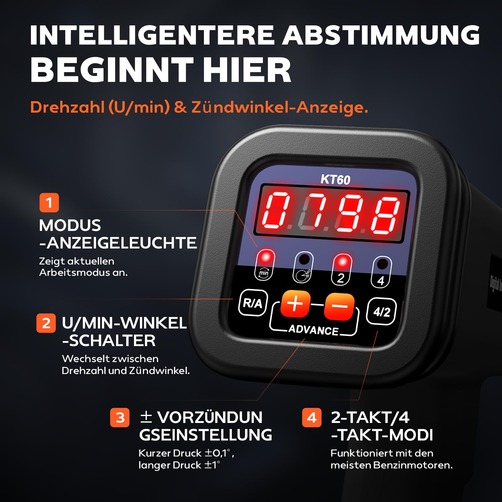 KZYEE KT60 Stroboskoplampe Zündung mit Advance & RPM 12V Zündlichtpistole | LED-Digitalanzeige Blitzpistole einstellbar Zündzeitpunktpistole für 2/4 Takt Auto LKW Motorrad Benzinmotoren Timing Light