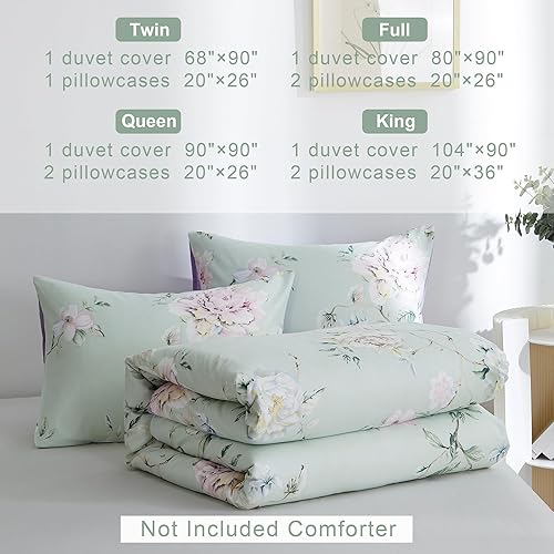 Miniatura 7 de BOLINLIVING Funda de edredón floral tamaño matrimonial de 3 piezas, funda de edredón floral con 2 fundas de almohada, juego de ropa de cama floral