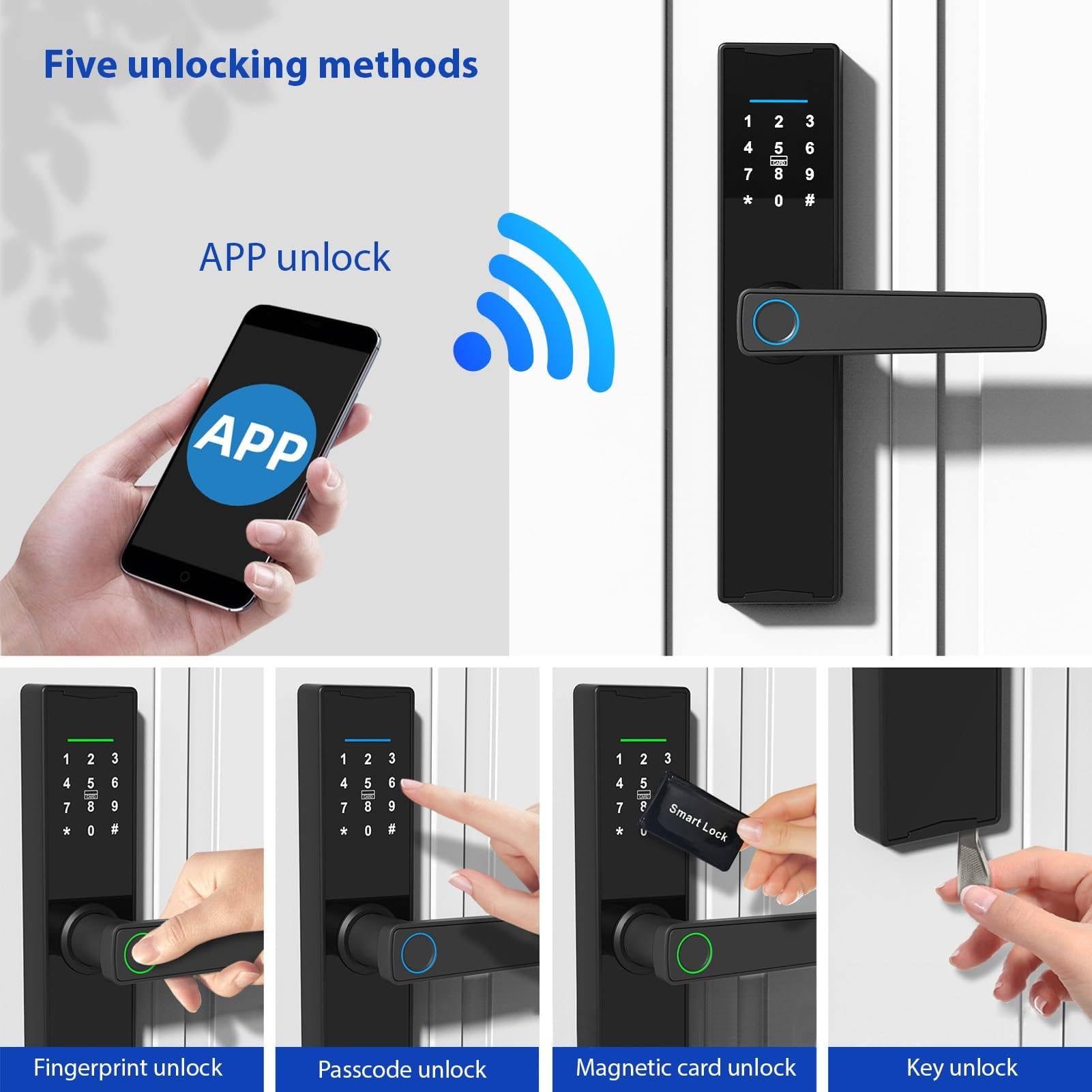 Serrure Connectée Tuya WiFi, avec Clavier Et Poignée, Lecteur D'empreintes Digitales, Verrou électronique, Déverrouillage par Application, Empreinte Digitale, Carte, Clé Ou Code