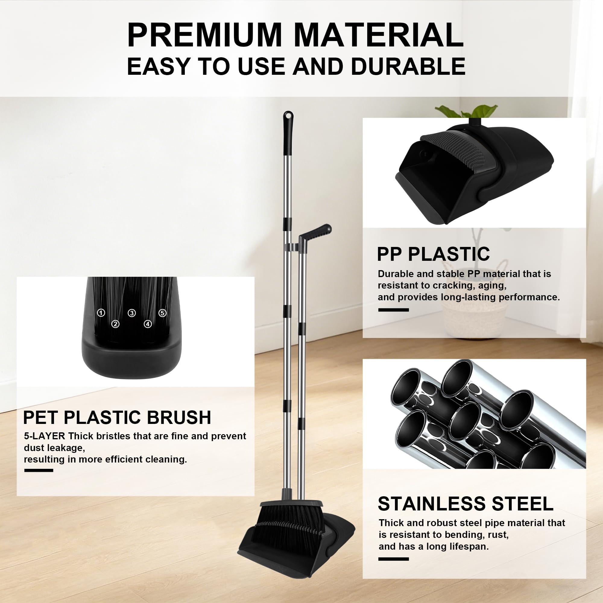 Scopa verticale extra large aggiornata - Lunghezza 144 cm, setole grigie per una migliore pulizia interna ed esterna - Manico in acciaio inox - Soluzione di pulizia per casa, cucina e ufficio