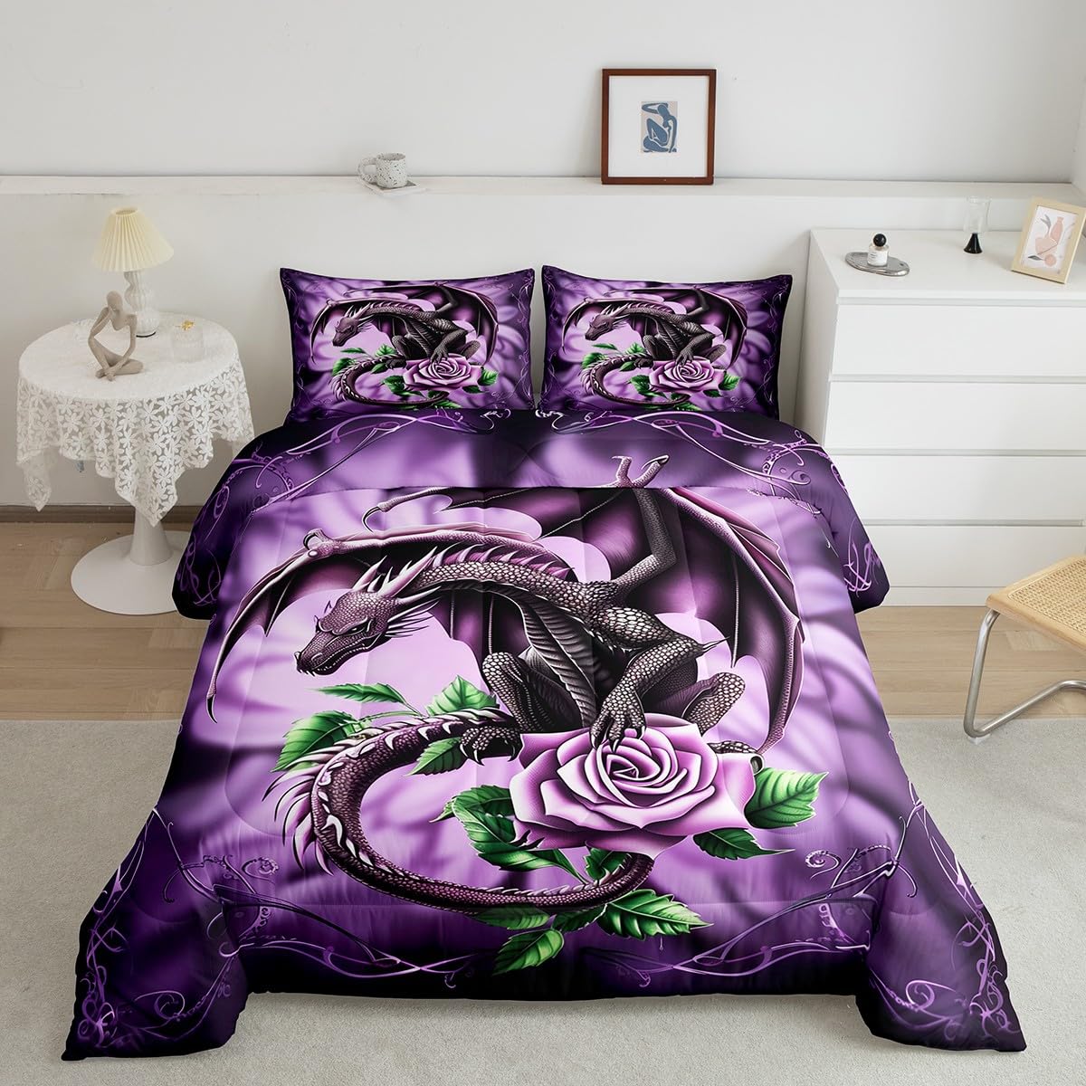 Purple Dragon Bedding Set King Size,3D Rose Flowers Comforter Set 3Pcs,Romantic Wild Animal Plants Quilt Set for Kids Girls Boys Teens Room Decor,Gothic Boho Style Duvet Insert,2 Pillowcases