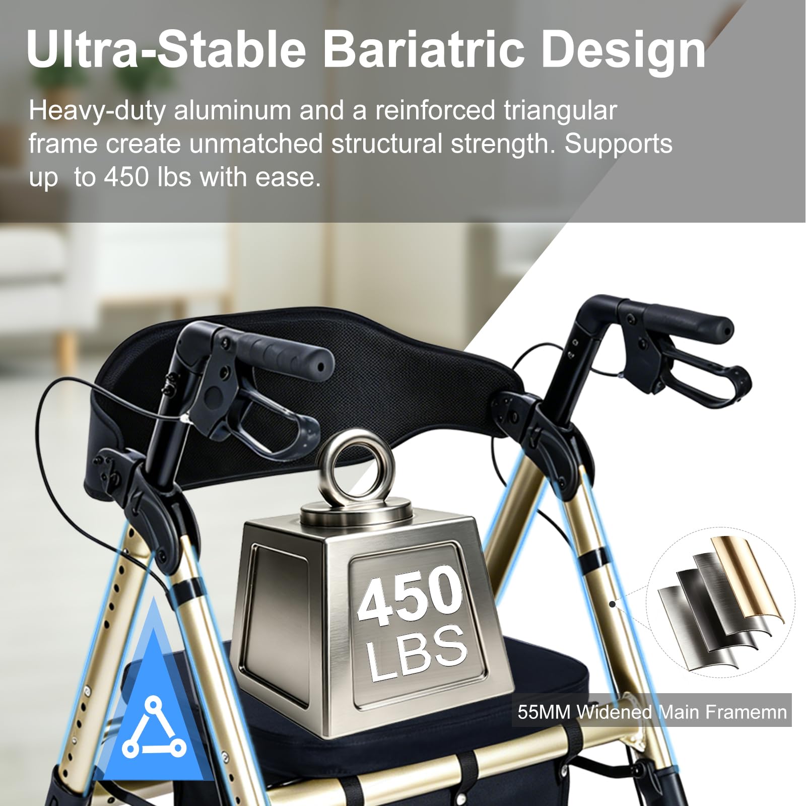 Andador rodante resistente con asiento, plegable bariátrico con ruedas grandes de 8 pulgadas, soporta hasta 450 libras, champán