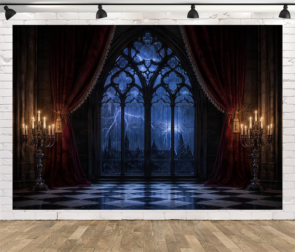 BELECO 3x2.5m Sfondo in tessuto Camera Castello Gotico Halloween | Finestra In Vetro Ad Arco Spaventosa Tempesta Tenda Candeliere Sfondo Medievale Oscuro Orrore Telo Di Sfondo