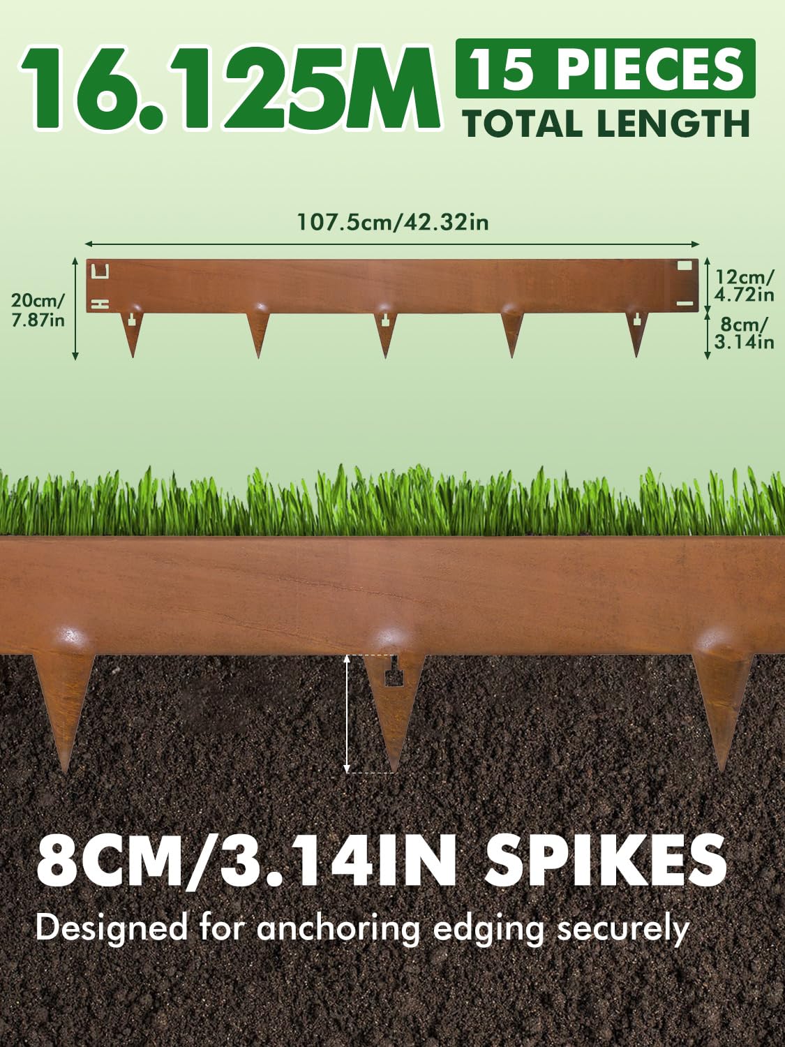 15er Set Cortenstahl Rasenkante – Metall Beeteinfassung in Braun, 107,5×20 cm, einschlagbare Gartenkante ohne Graben – Ideal für Rasen, Beete & Wege