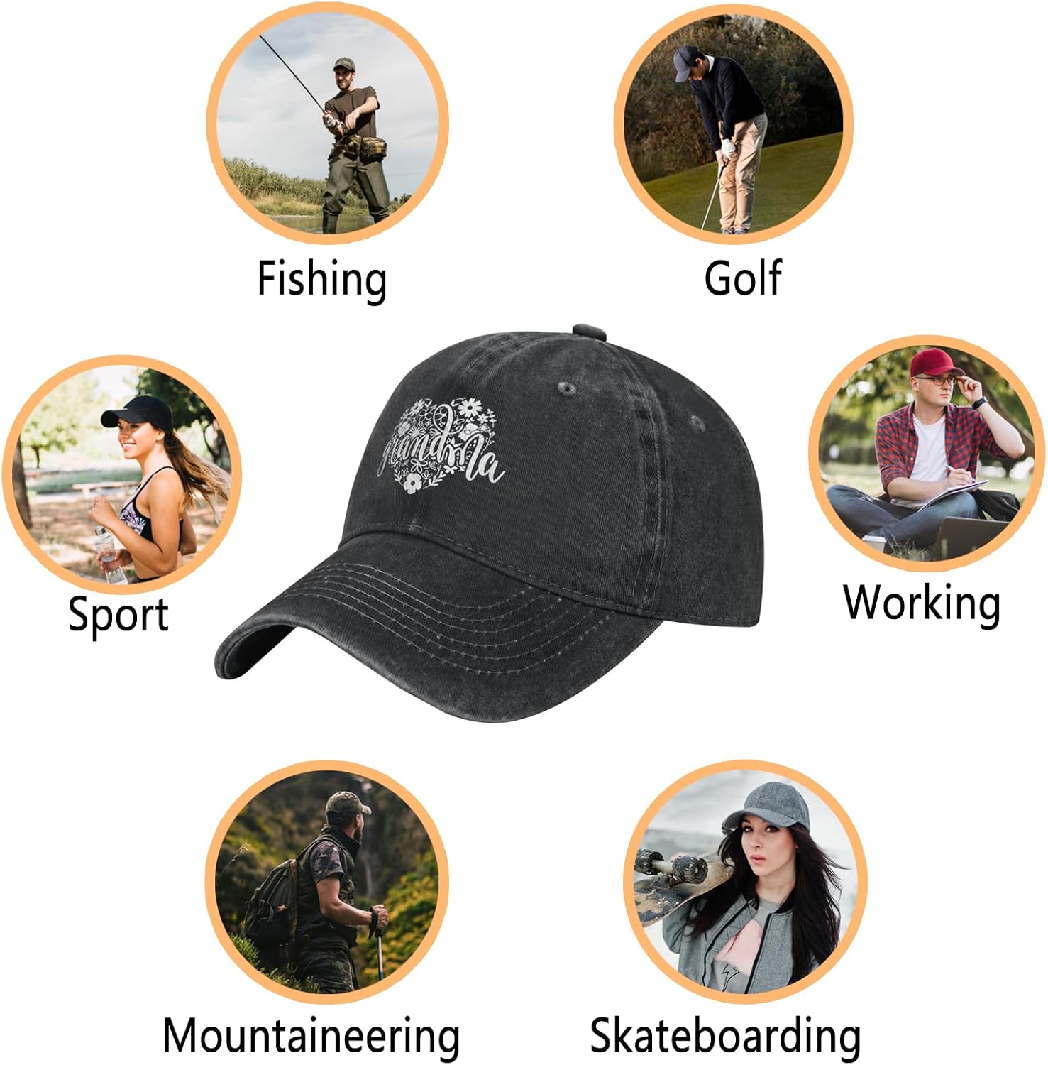 Grandma Floral Heart Hat Black - Adjustable Vintage Washed Cotton Breathable Baseball Cap for Men Women