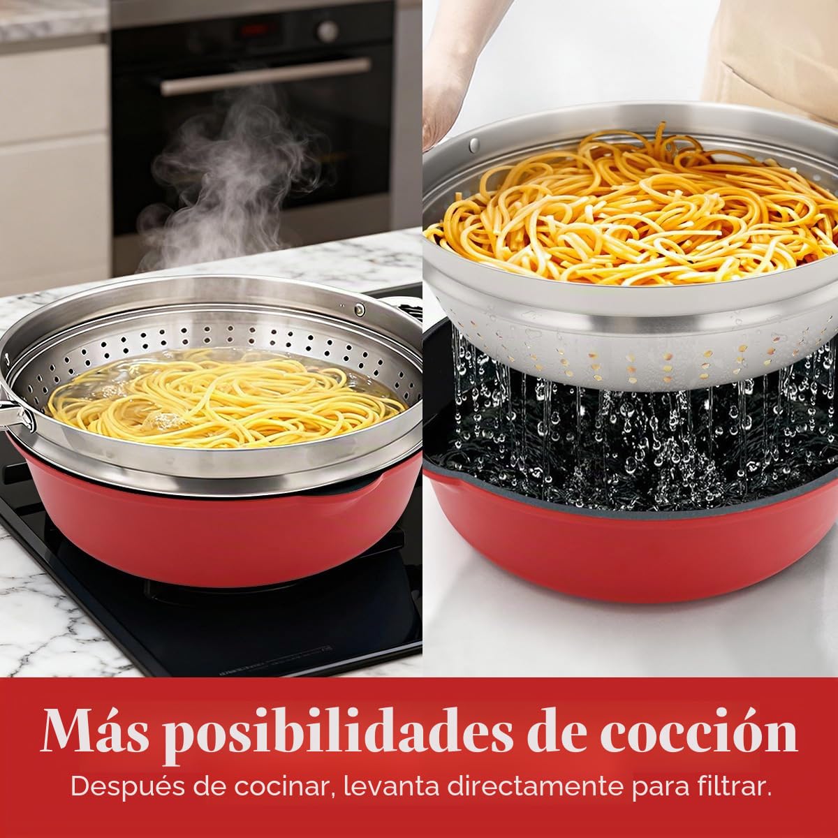 Sartén de 28 cm, juego de 4 piezas Sartén antiadherente (sartén con tapa, cesta vaporera/colador, espátula de silicona), con mango extraíble, apta para horno (Rojo-negro) | Mango desmontable, apto para todas las estufas, incluyendo inducción, sin PTFE, PF