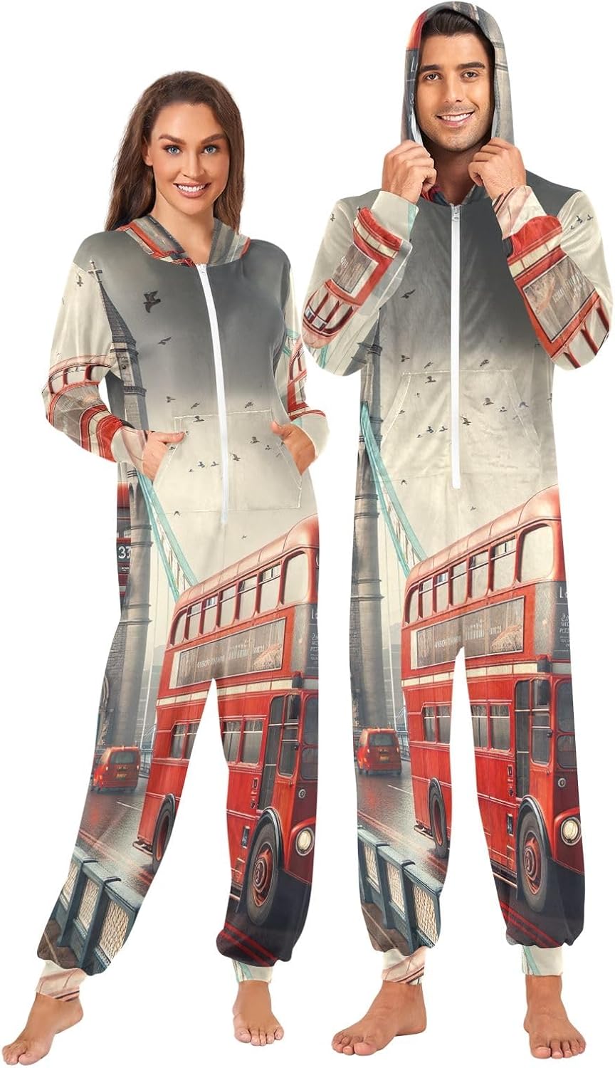 GAIREG London Bridge Red Bus Adult Onesie Pajamas Unisex Hooded One Piece Loungewear with Zipper and Pockets