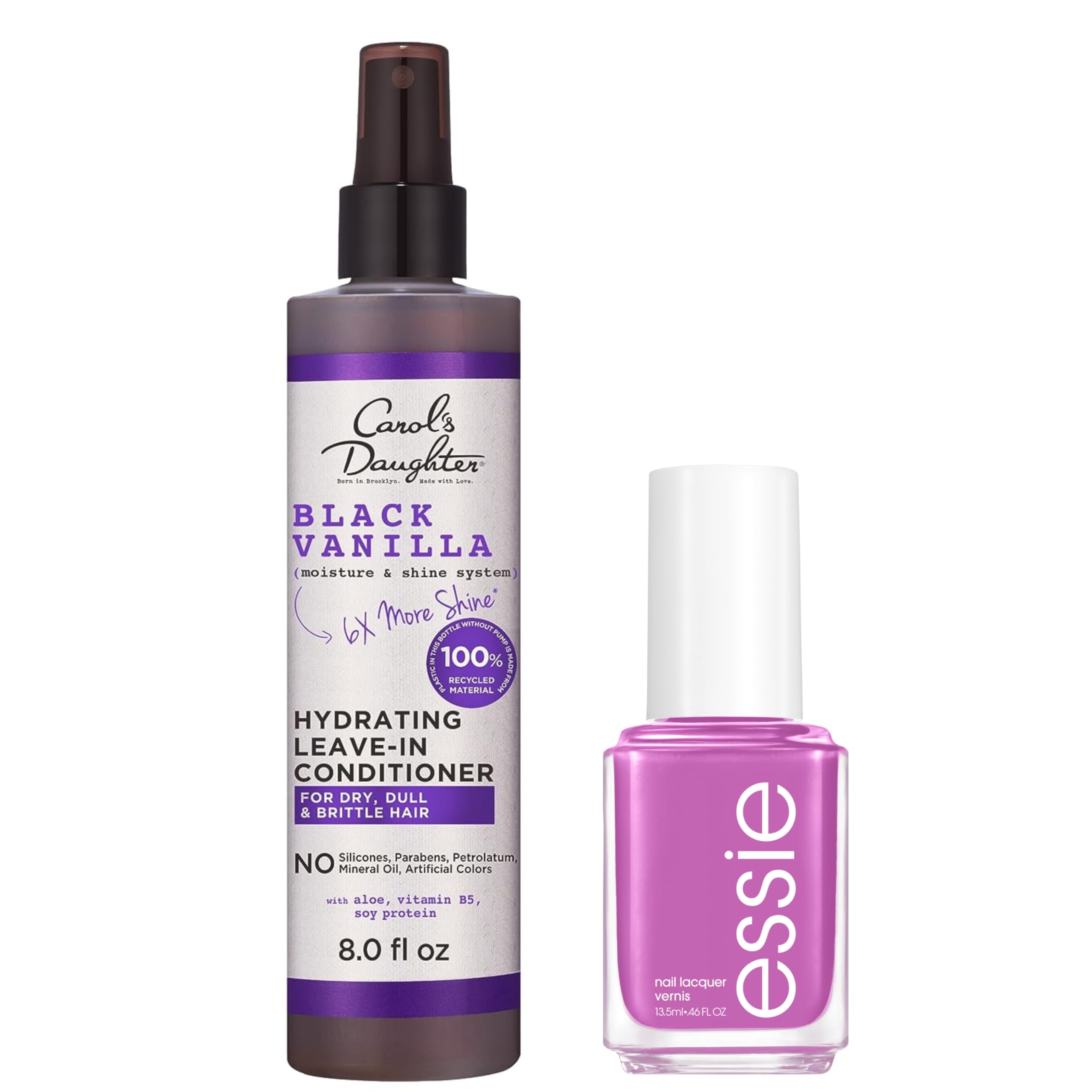 Carol's DaughterPurple Bundle Black Vanilla Leave In Conditioner for Curly, Wavy or Natural Hair, 8 Fl Oz + essie Salon-Quality Vegan Nail Polish, Bright Purple, Play Date, 0.46 fl oz