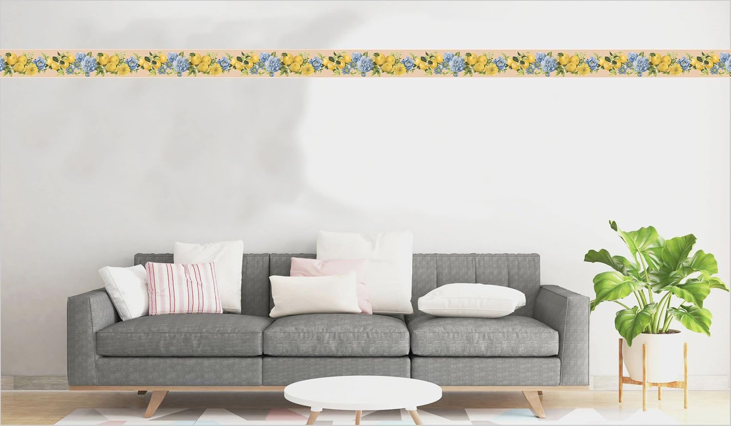 Dundee Deco Wallpaper Border Peel and Stick DDAZBD9530 - Floral Yellow Green Blue Lemons Flowers Wall Border Retro Design, 15 ft x 7 in (4.57m x 17.78cm), Self Adhesive