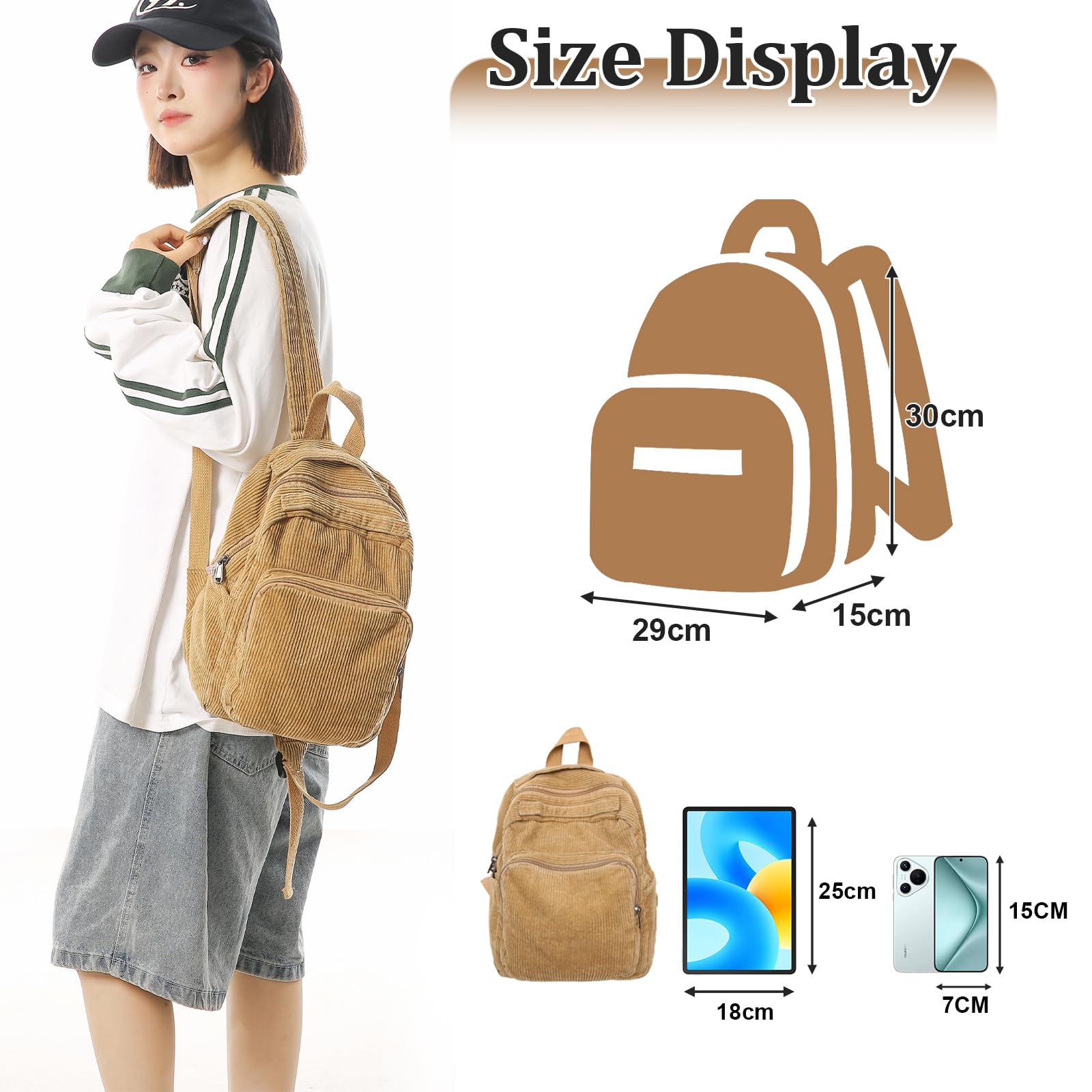 femmes petite toile/cordury sac à dos, sac à dos de Ville, sac à dos scolaire, voyage, travail, femme, fille, adolescent, unisexe, petite taille