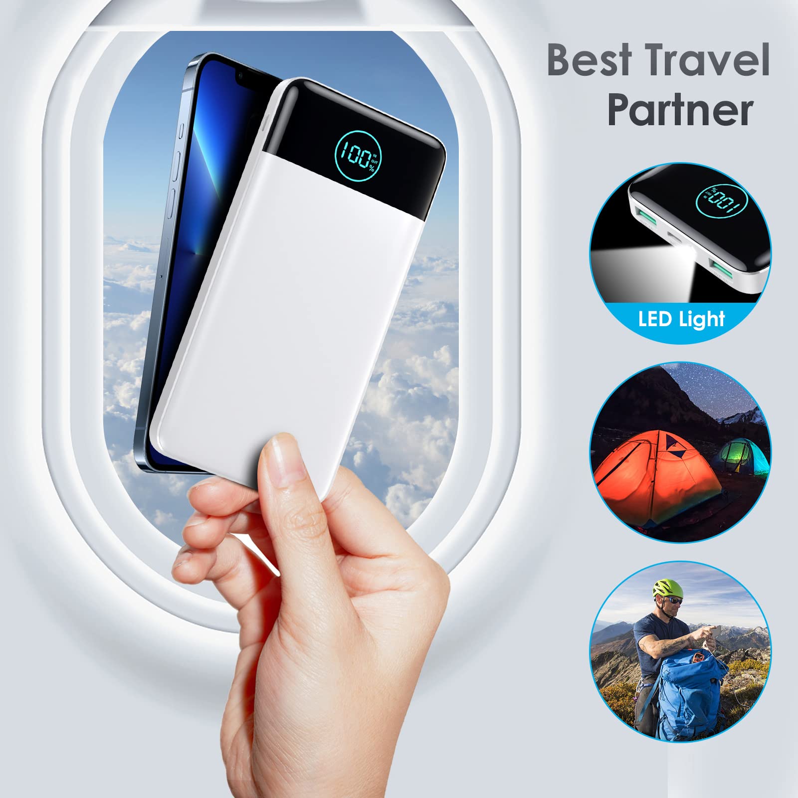 AXNEB Power Bank 13800mAh,Ultra Sottile & Leggero Caricatore Portatile con Display LCD,3A PD USB C Ingressi&Uscite Powerbank con Torcia LED Batteria Esterna per iPhone Samsung Huawei-Bianco perla