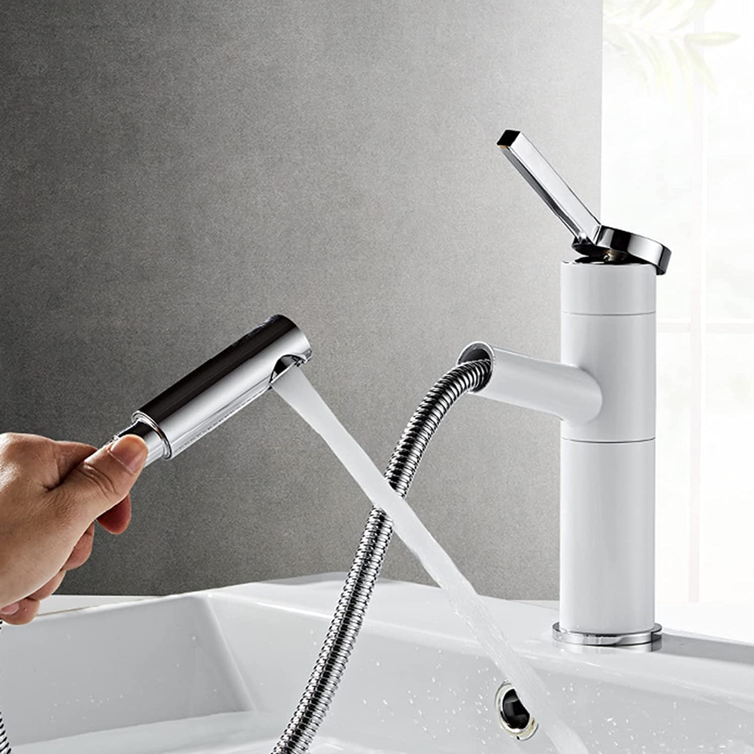 DFGHNBVC Pull Down Bathroom Faucet Single Handle 360° Swivel Mixer Tap Black Chrome High Arc Basin Sink Faucet With Retractable Spray For Modern Bathrooms,Wei? Und Chrom-Niedrig