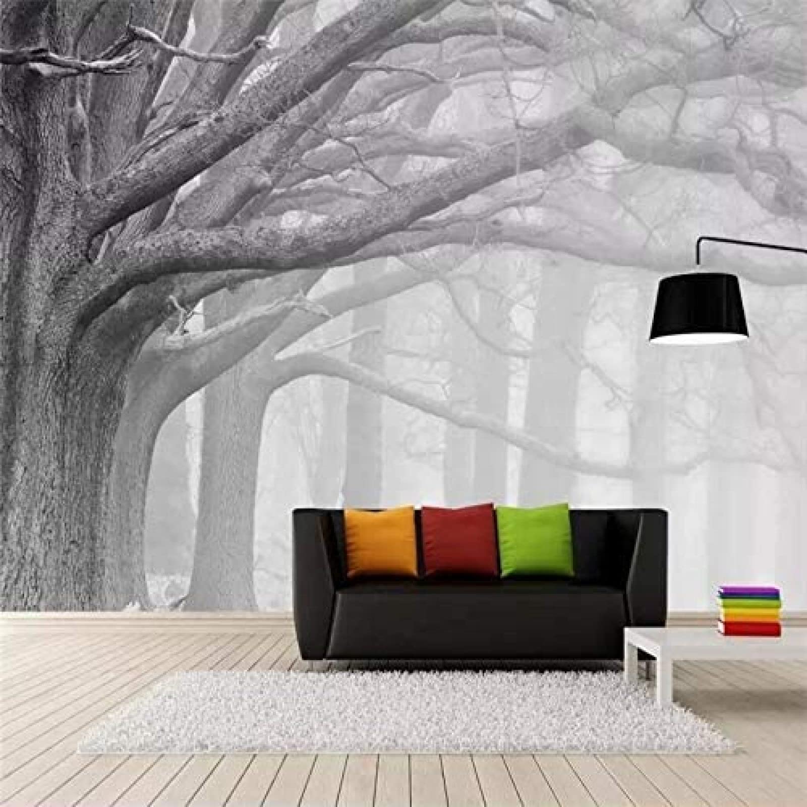 Papier peint panoramique arbre noir et blanc : créez un salon nature et design