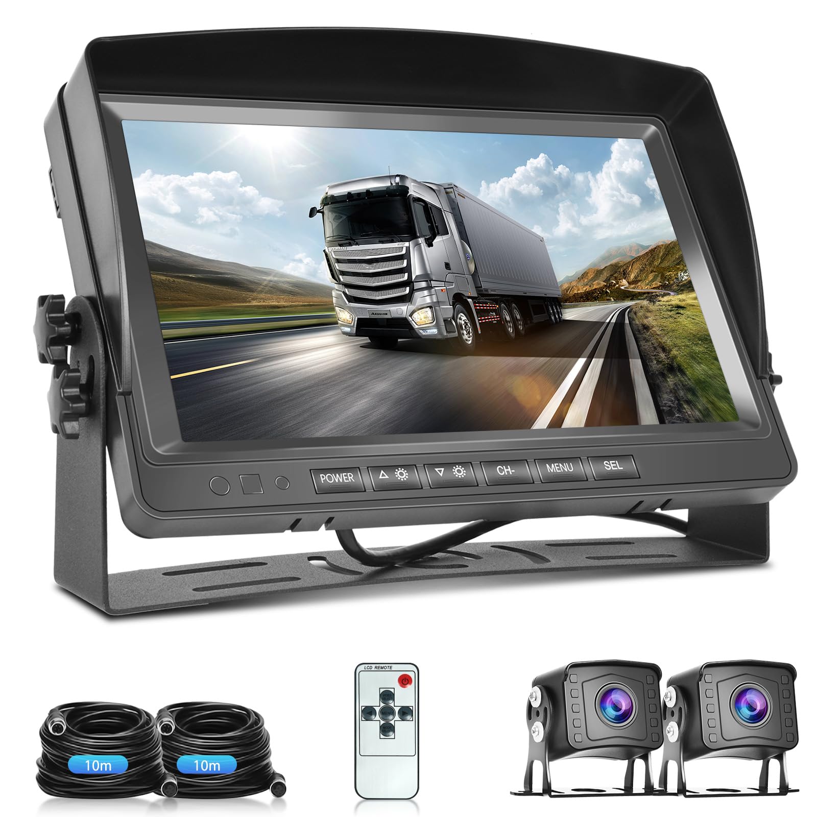 Rimoody Cámara de Visión Trasera 9 Pulgadas Monitor LCD con 2 Cámaras Traseras AHD Resistente al Agua IP69 Visión Nocturna con Cable de 10M para Camionetas Camionetas Autocaravanas pequeñas Caravanas