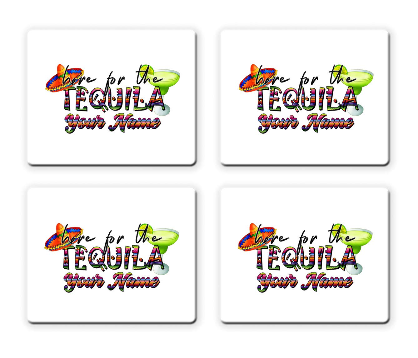 BRGiftShop Personalized Custom Name Cinco De Mayo Here For The Tequila Set of 4 Beverage Coasters