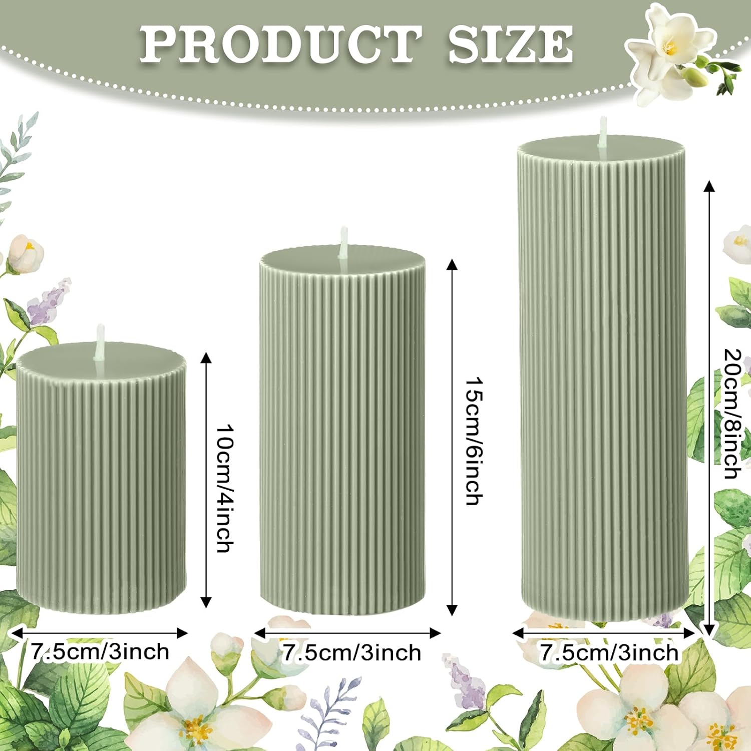 Ribbed Pillar Candles Set of 3, Width 3" High 4" 6" 8" Large Soy Wax Orchids Scented Pillar Candles Aesthetic Ribbed Modern Home Decor for Bathroom Living Room(Bean Green) - Image 2