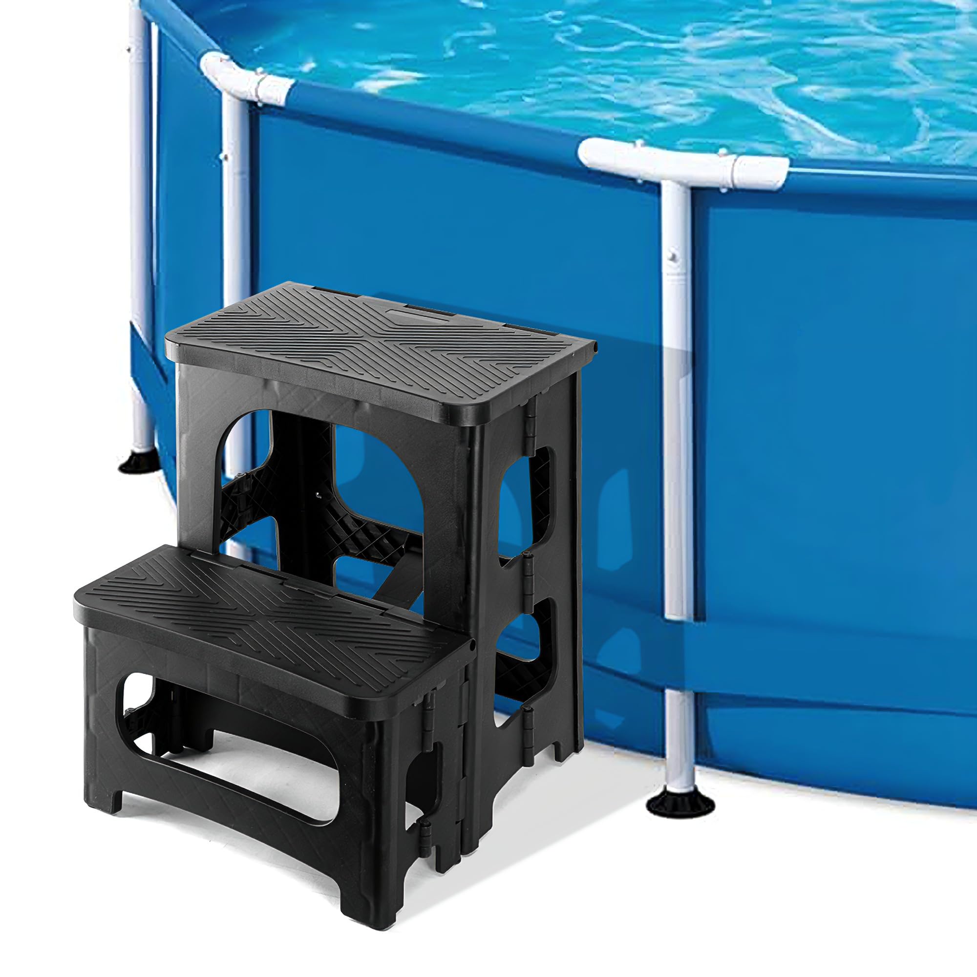 DECOHS Foldable Spa Hot Tub Steps, Non-Slip 2 Step Stool Pool Ladder, Universal Spa Steps Hot Tub Stairs for Outdoor Indoor Deck Patio Steps Accessories, Black