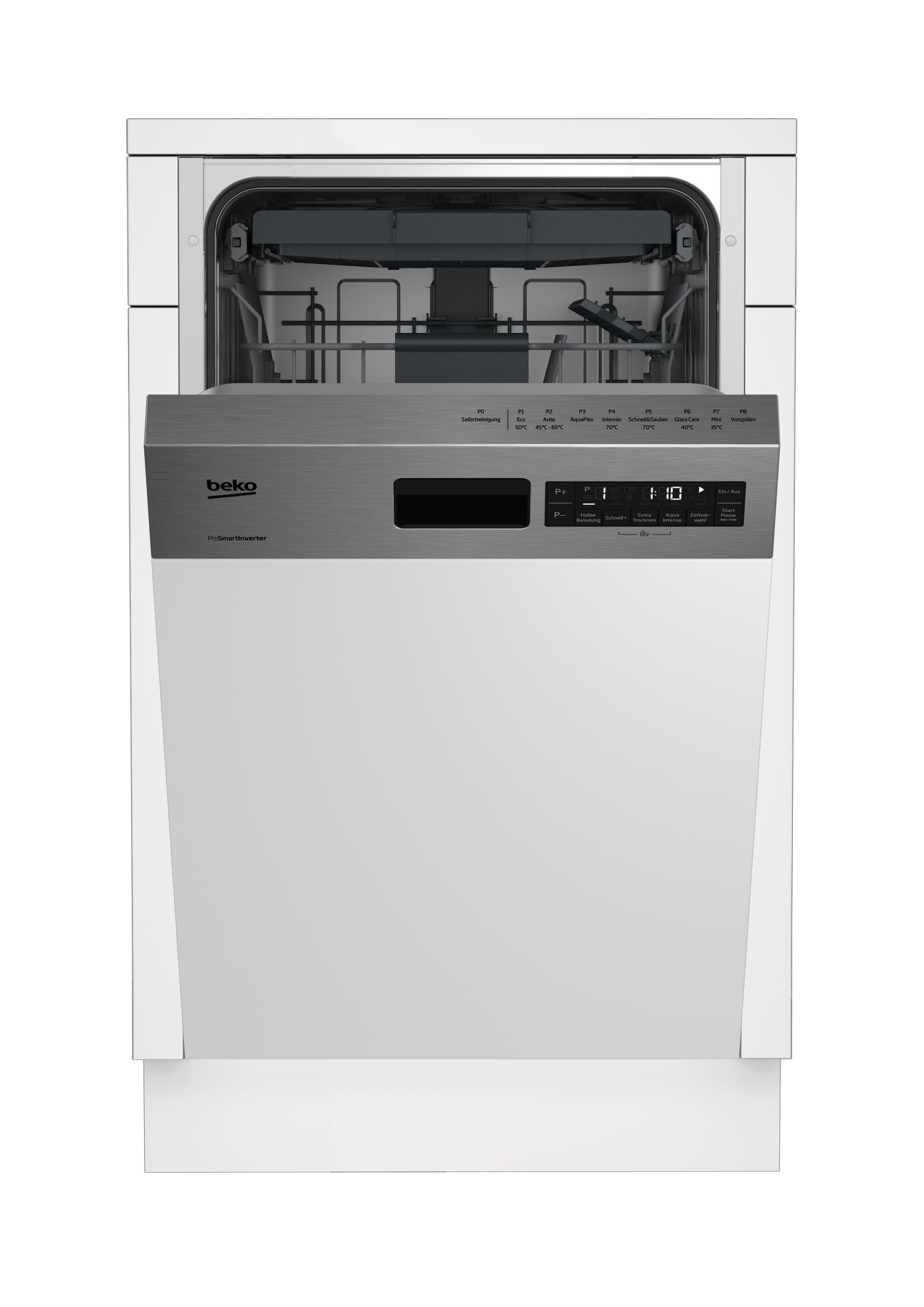 Beko DSS28021X Teilintegrierter Geschirrspüler 45 cm, 10 Maßgedecke, Energieeffizienzklasse E, 8 Programme, Quick&Shine, HygieneIntense, Watersafe+, Edelstahlblende