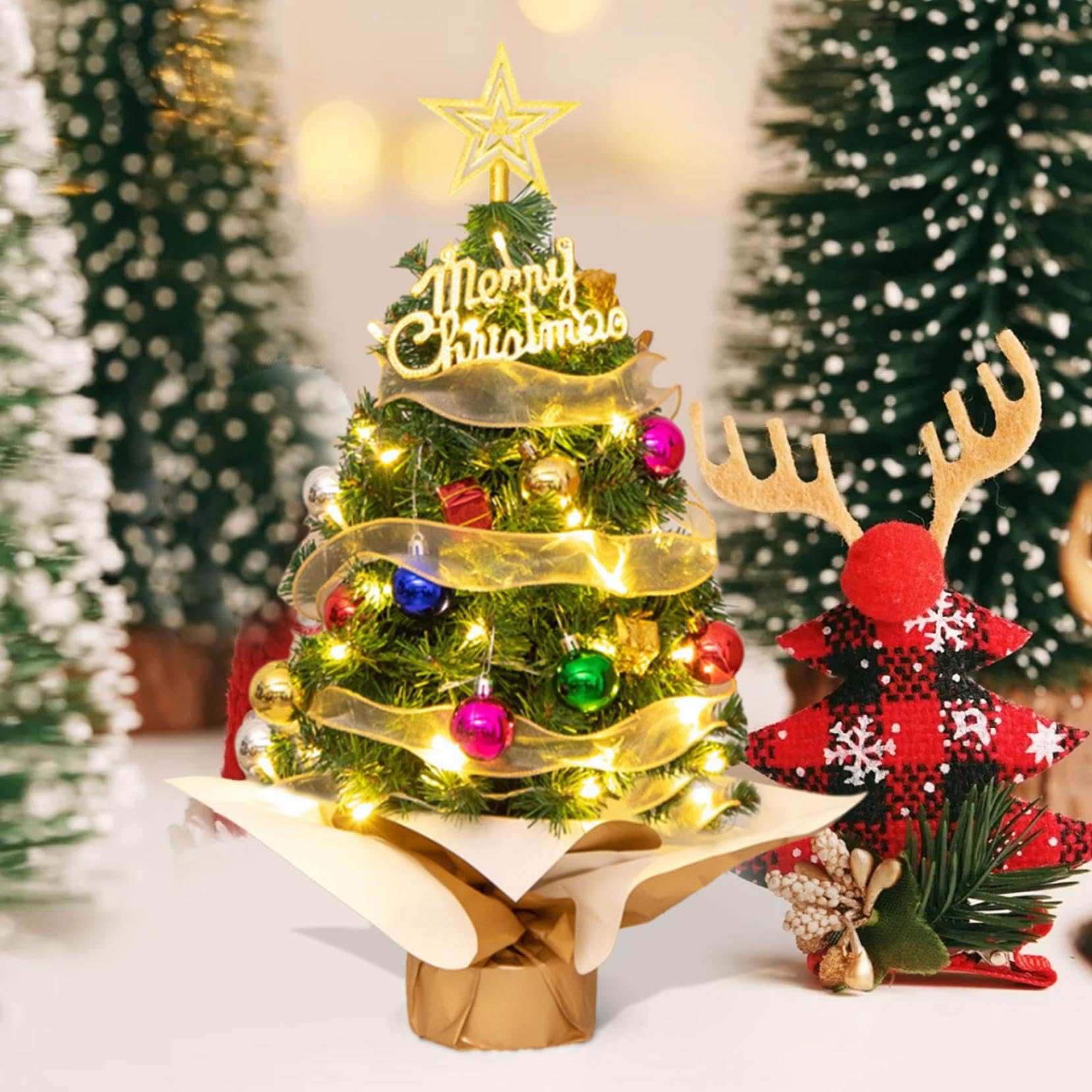 Table Top Mini Christmas Tree With Lights, Battery Operated Fibre Optic Artificial Tree for DIY Decoration Gifts, 23.62 in (A)