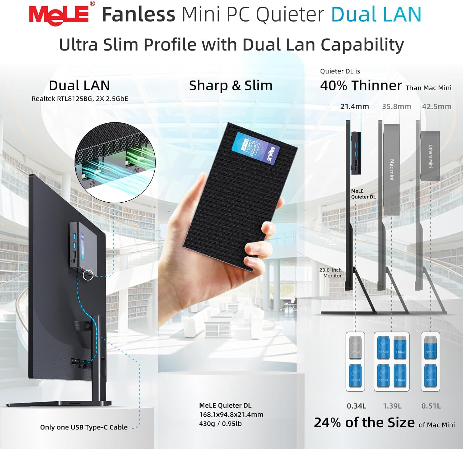 MeLE QuieterDL Fanless Mini PC 2.5Gb Dual LAN Alder Lake N100(up to 3.4GHz) 4GB DDR4 128GB ROM Windows 11 Home Micro PC Small Form Factor PC USB-C HDMI2.0+DP1.4 Triple Display Desktop Computers - Image 7