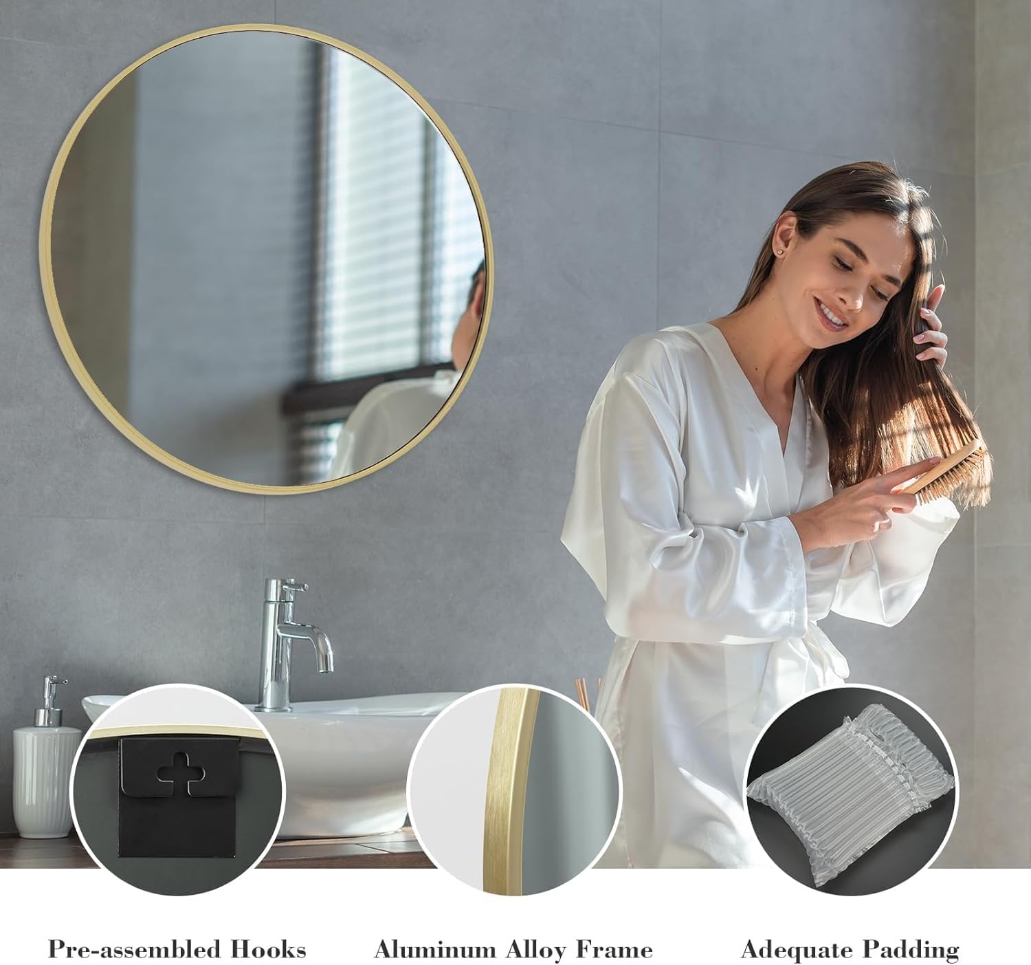 30 Inch Round Mirror, Aluminum Alloy Frame Wall Mounted Vanity Mirrors for Bathroom, Entryway, Living Room, Bedroom, Gold