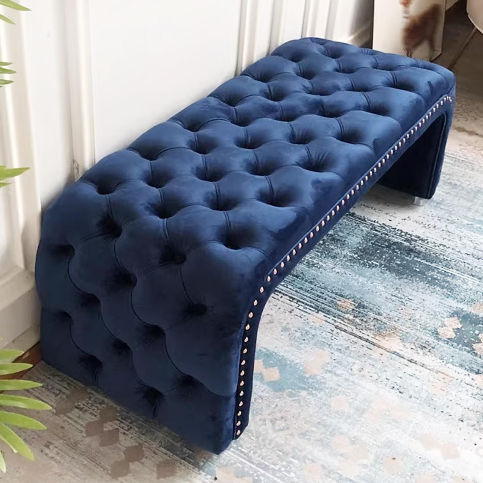 MSHGSKU Modern Upholstered Shoe Bench Stylish Entryway Storage Seat with Nailhead Trim Tufted Ottoman Footrest for Living Room Dining Room (Blue 31.49in 80cm)